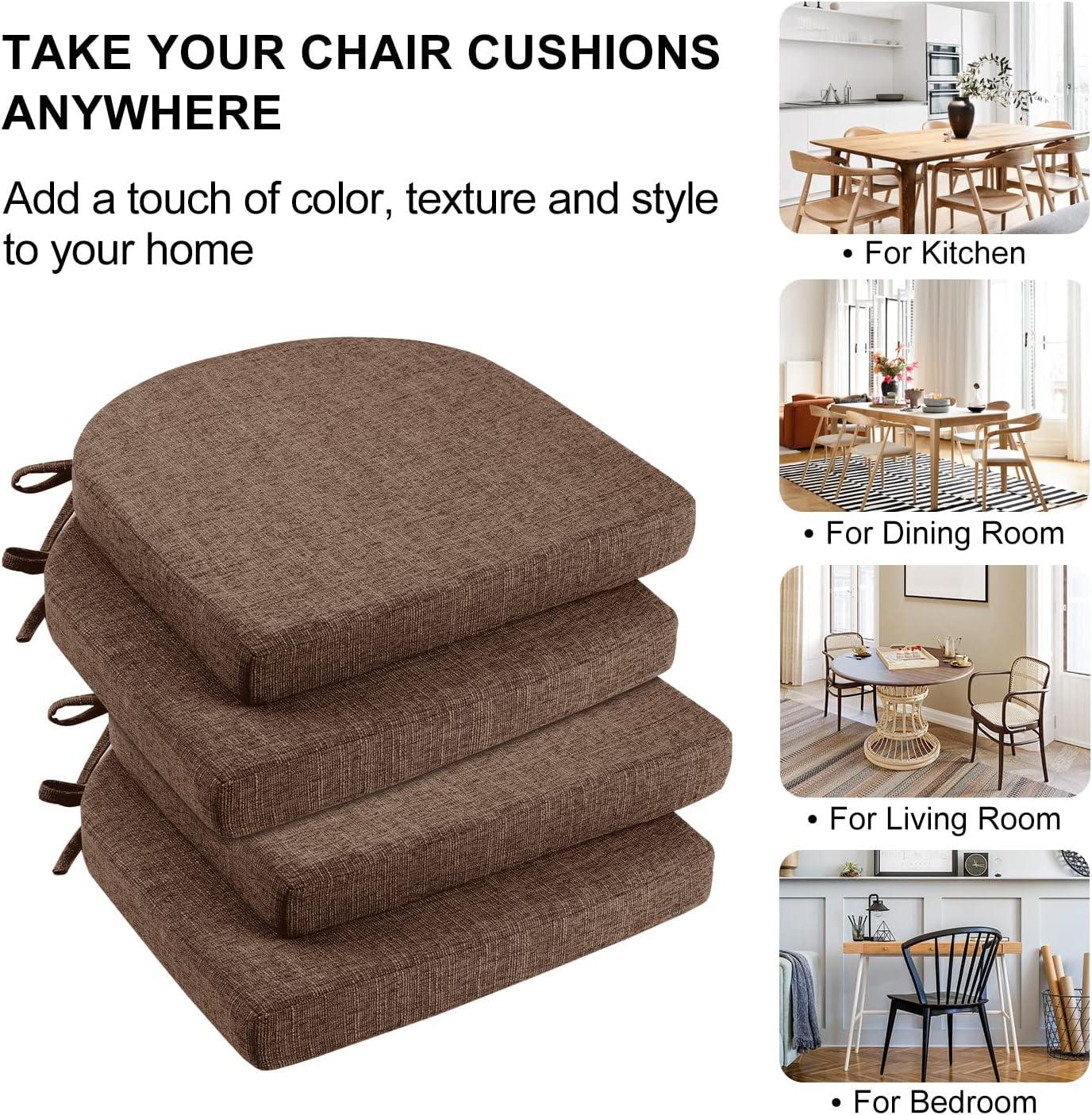 Chair Cushions for Dining Chairs 4 Pack - Kitchen Chair Cushions with Ties and Non-Slip Backing - Dining Chair Pads 16"X16"X2", Brown