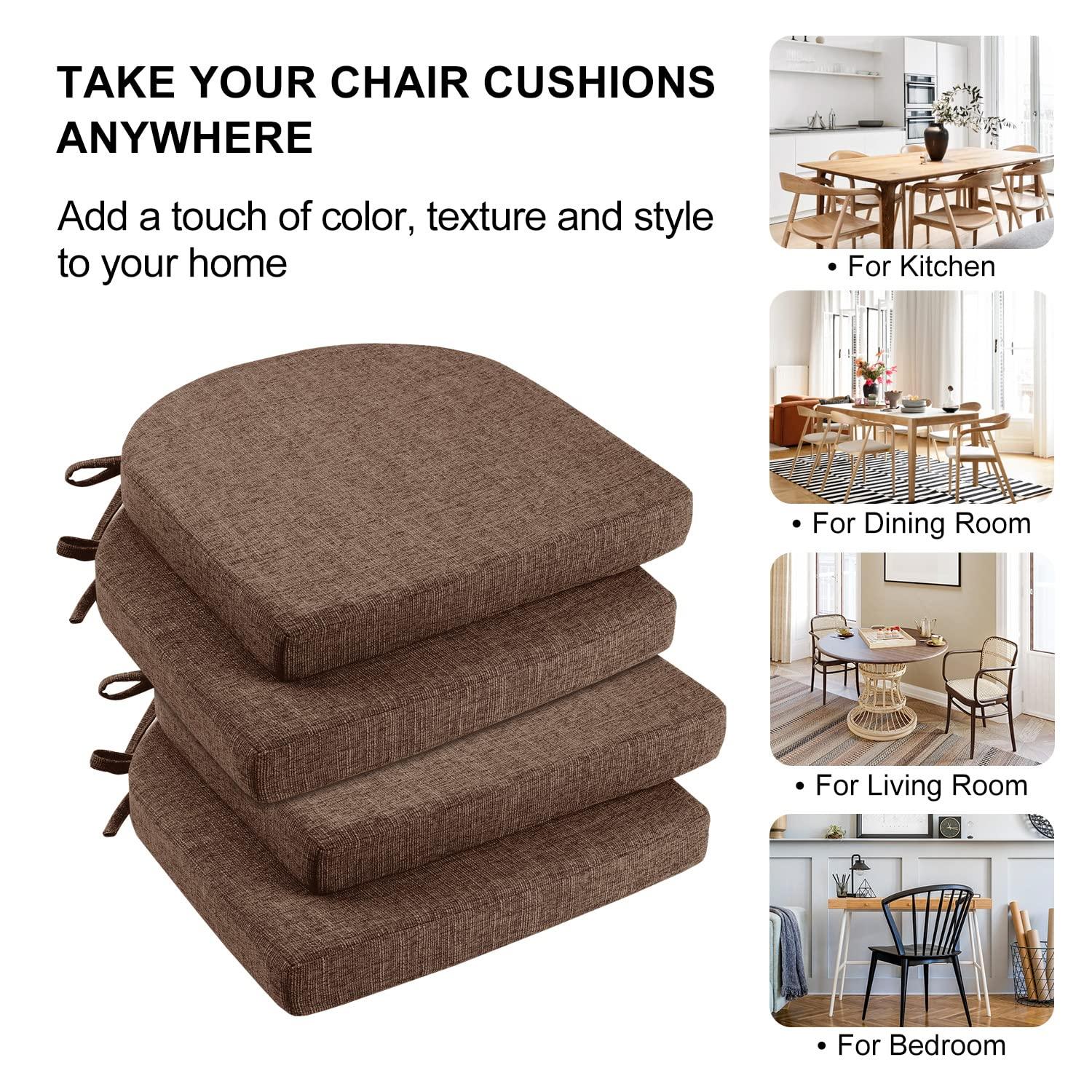 Chair Cushions for Dining Chairs 4 Pack - Kitchen Chair Cushions with Ties and Non-Slip Backing - Dining Chair Pads 16"X16"X2", Brown