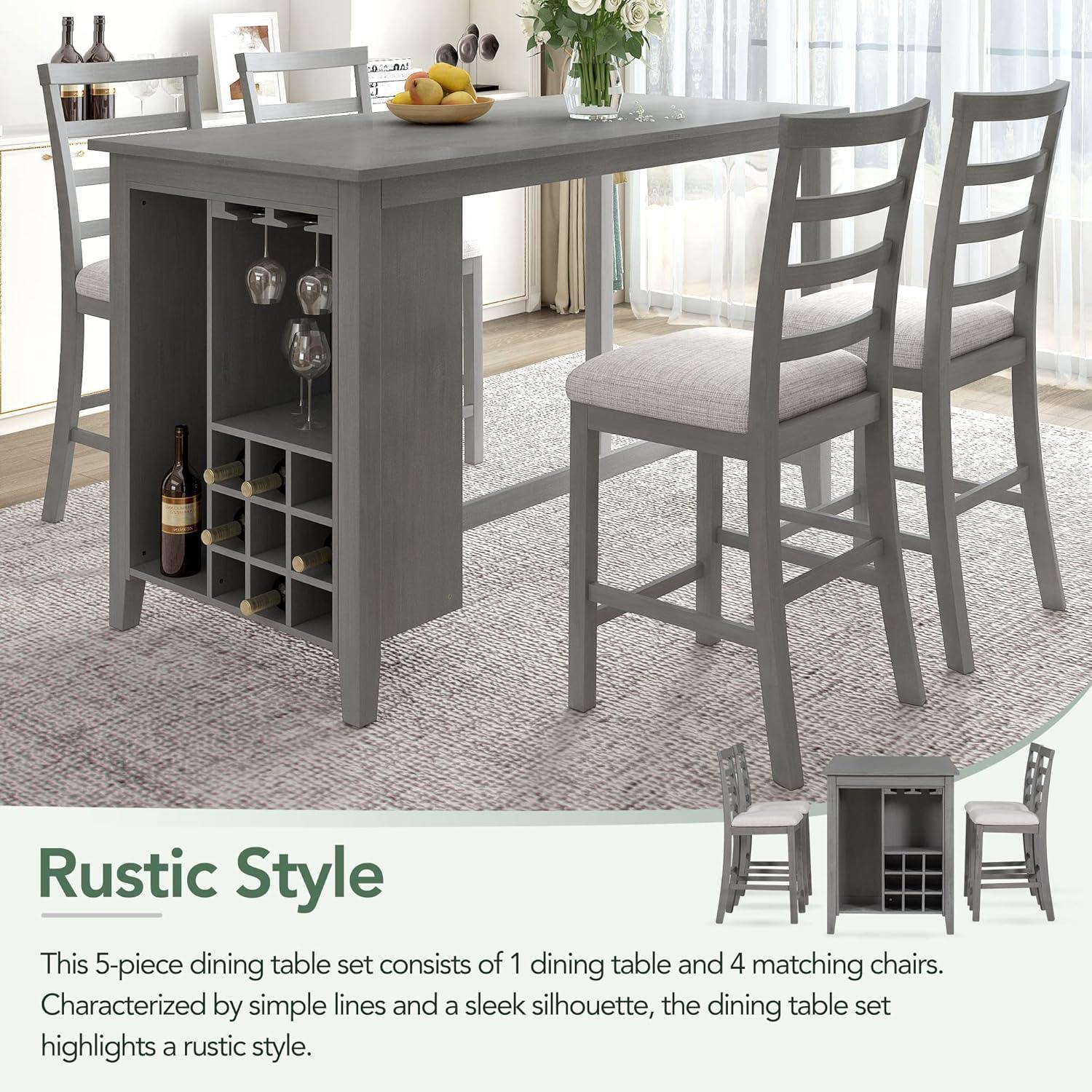 5-Piece Multi-Functional Rubber Wood Counter Height Dining Set with Padded Chairs and Integrated 9 Bar Wine Compartment, Wineglass Holders for Dining Room (Gray) 39AAE