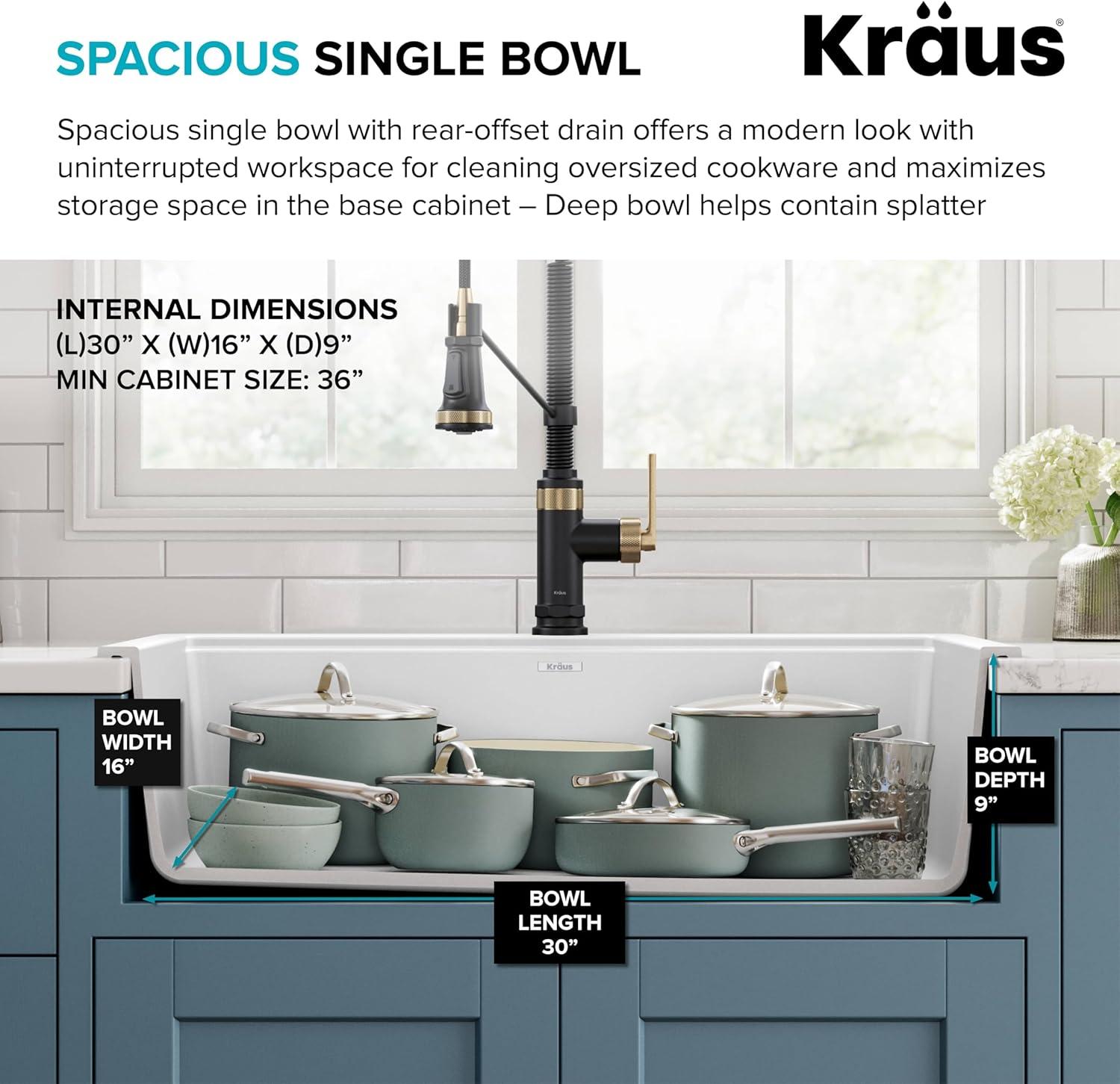 KRAUS Bellucci 33” Workstation Drop In Retrofit Farmhouse Single Bowl Granite Kitchen Sink With Accessories