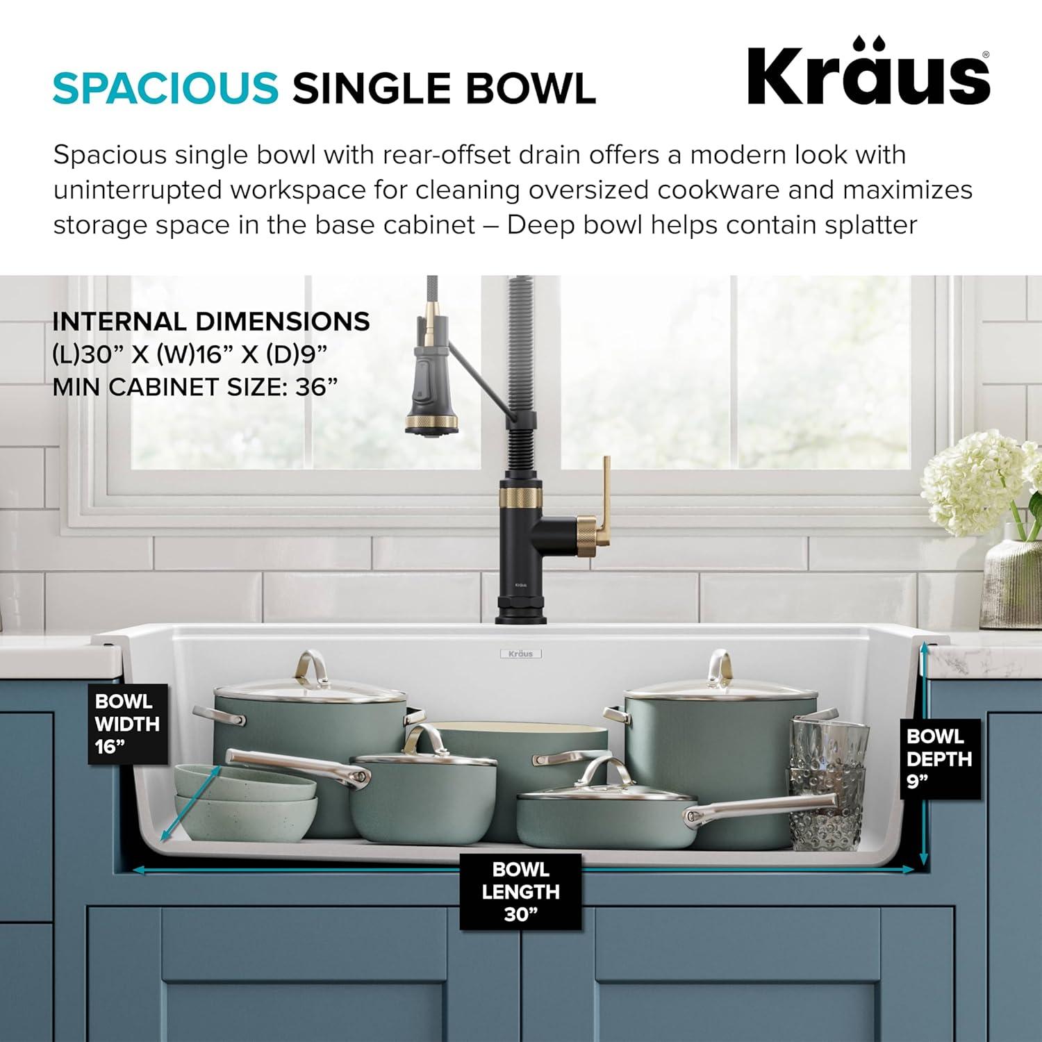 KRAUS Bellucci 33” Workstation Drop In Retrofit Farmhouse Single Bowl Granite Kitchen Sink With Accessories