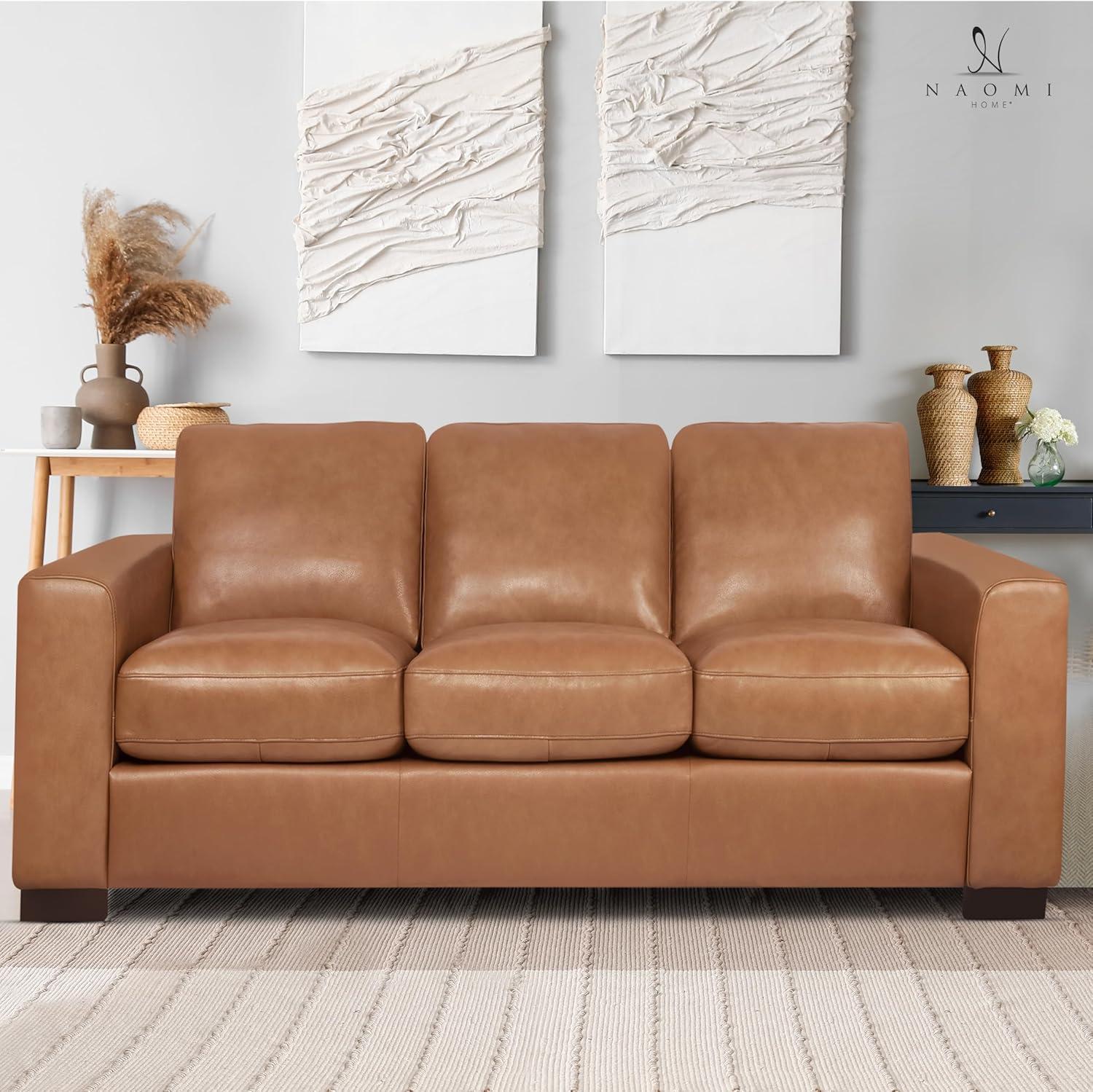 Freya Tan Genuine Leather Sofa with Solid Wood Frame