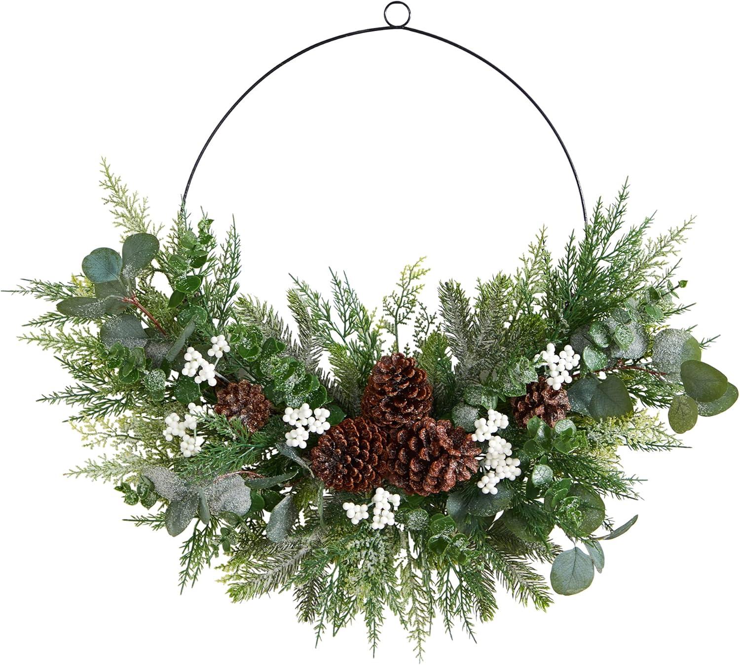 28" Christmas Pine and Eucalyptus Half Wreath with Pine Cones