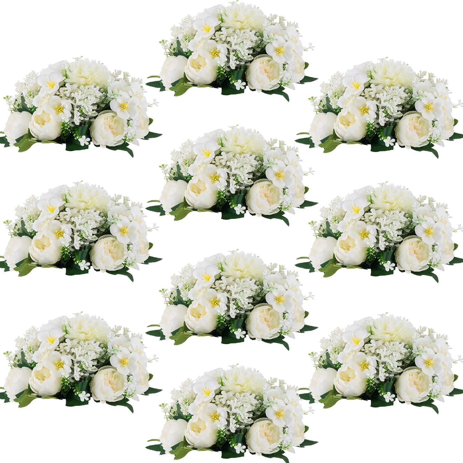 Nuptio Set of 10 White Rose Artificial Flower Kissing ball, 15 Heads Fake Peony Silk Flowers Bouquet for Centerpiece Wedding Birthday Party Home Table Decor