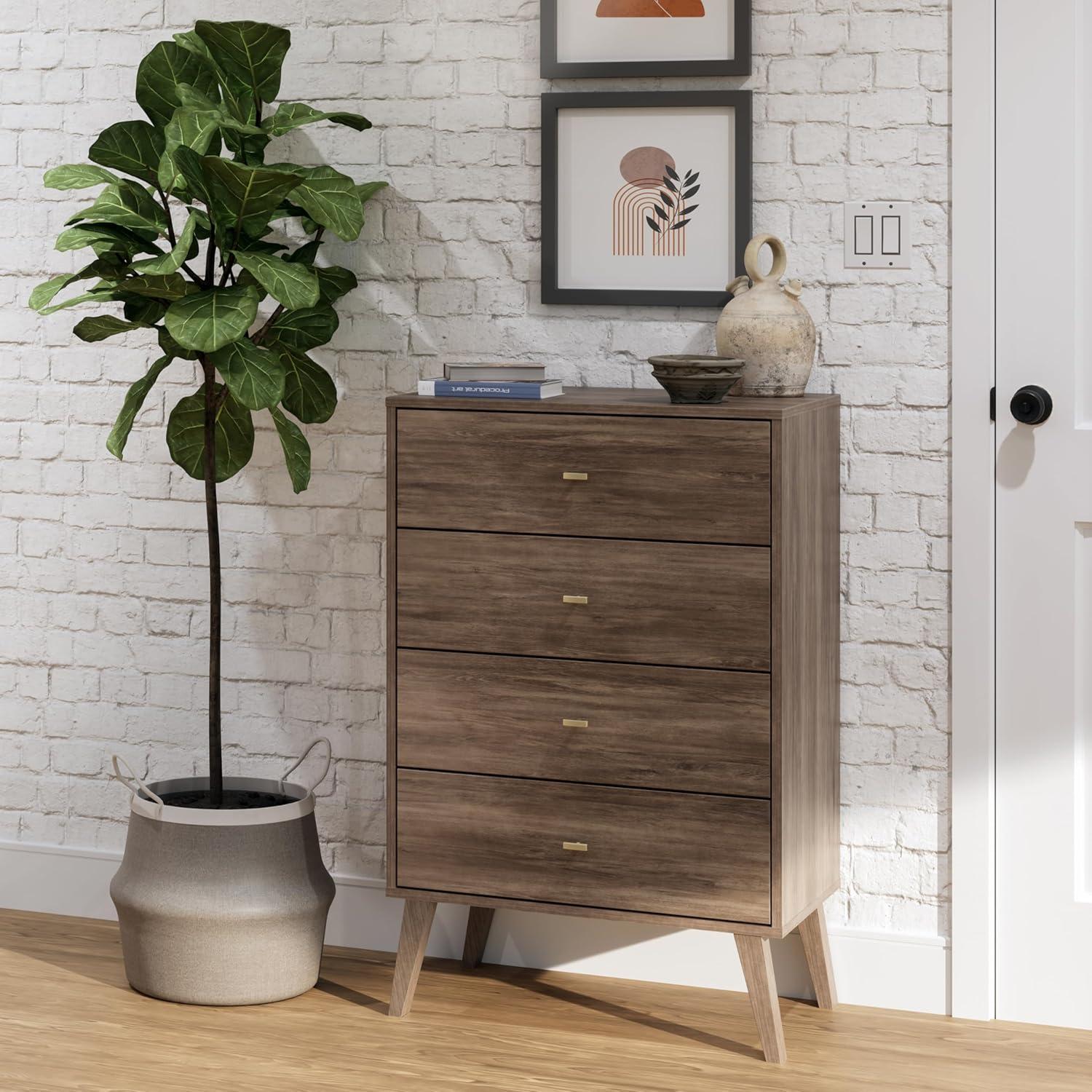 Mid-Century Modern 4 Drawer Chest Drifted Gray - Prepac: Sleek Bedroom Storage, Brass Knobs
