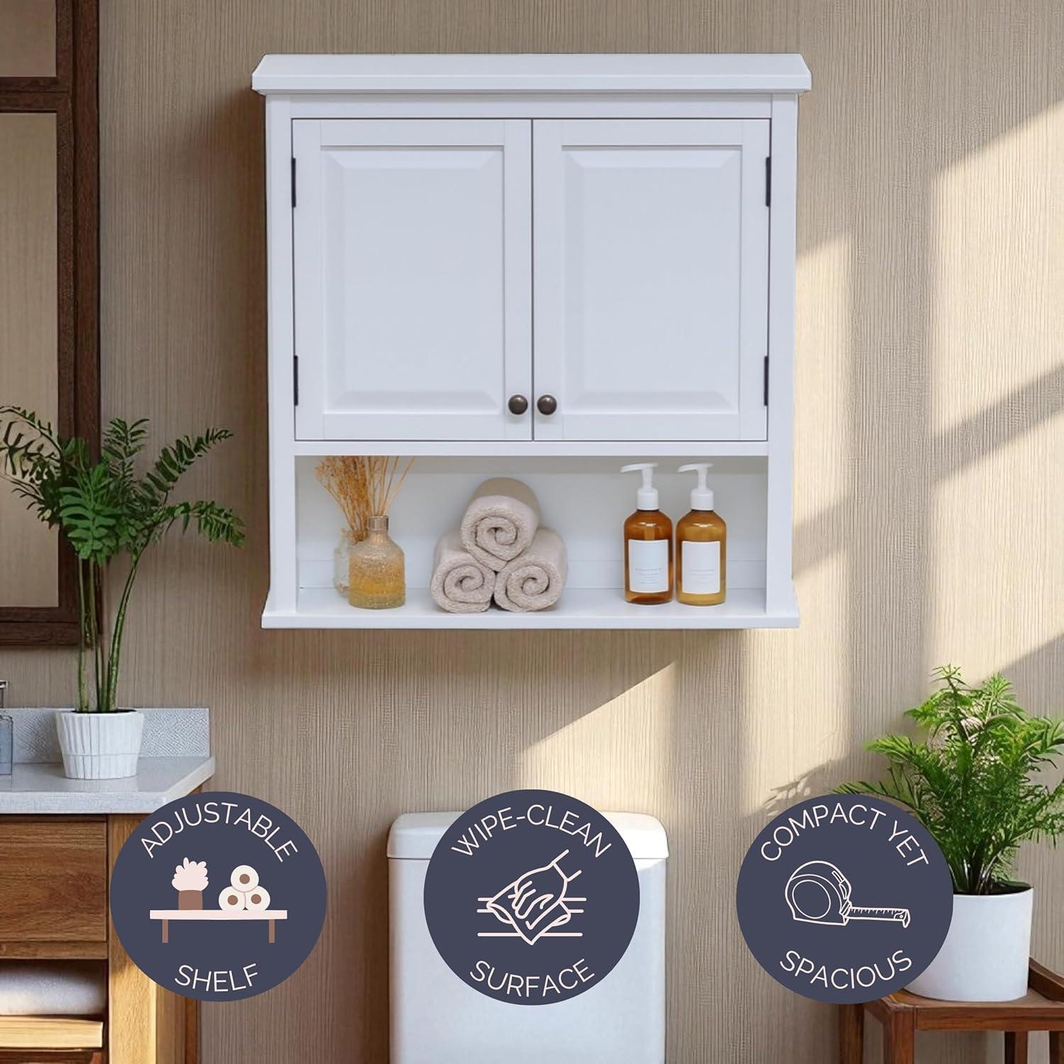 Dorset Wall Mounted Bath Storage Cabinet with Two Doors and Open Shelf White - Alaterre Furniture: Hardwood Medicine Cabinet, Adjustable Shelf