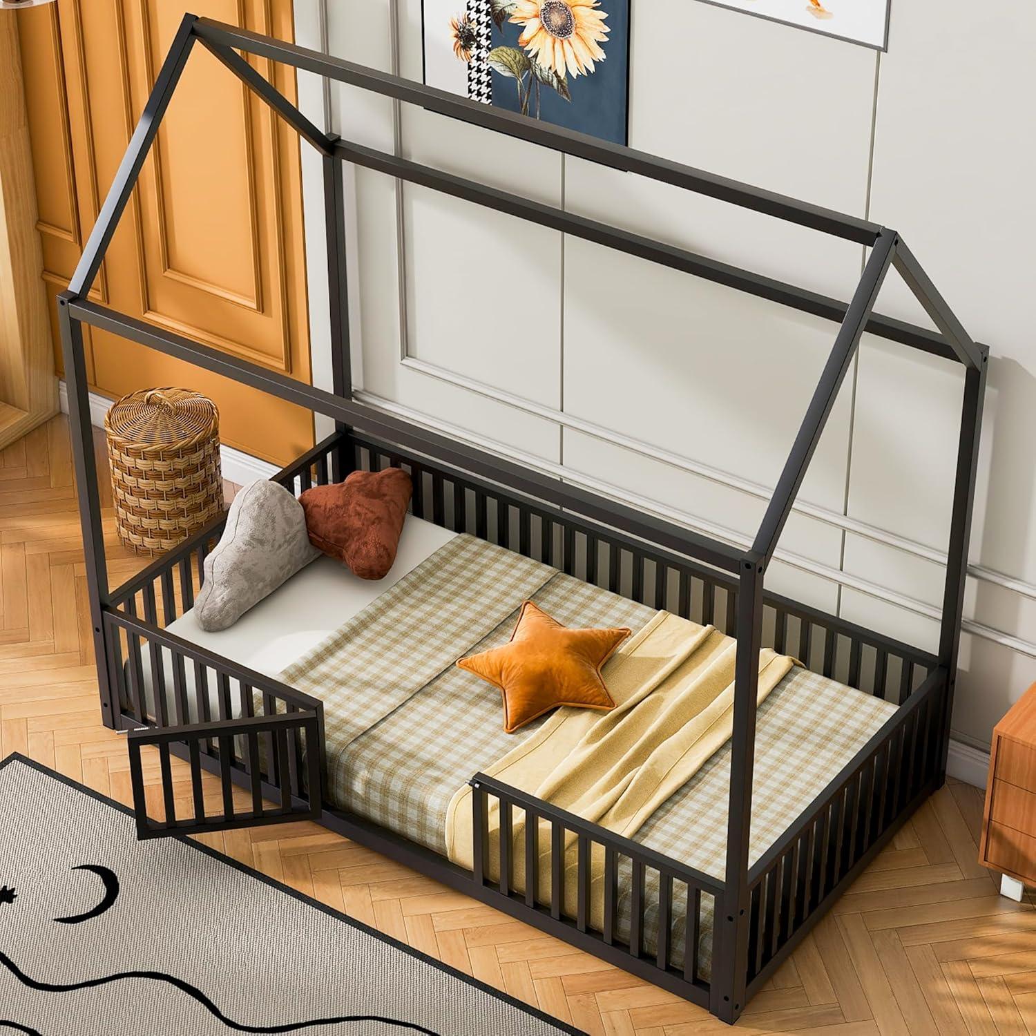 Black Twin Metal Montessori House Bed Frame with Fence and Door