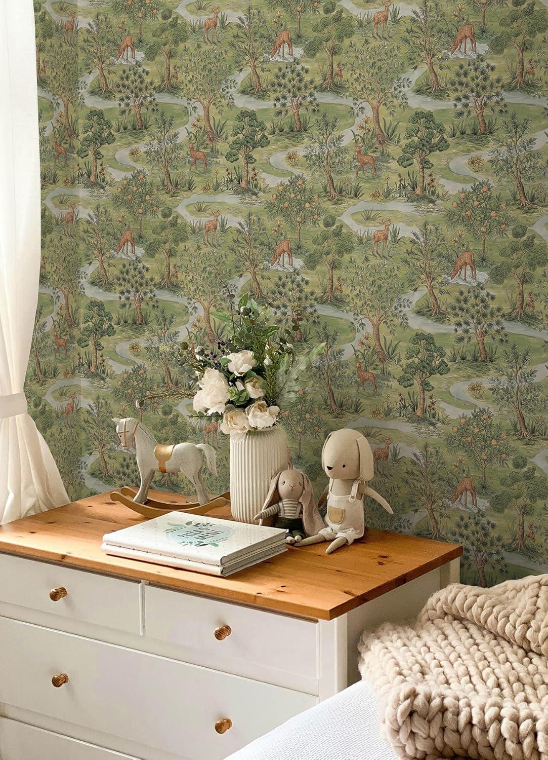 Forest Green and Beige Peel and Stick Wallpaper