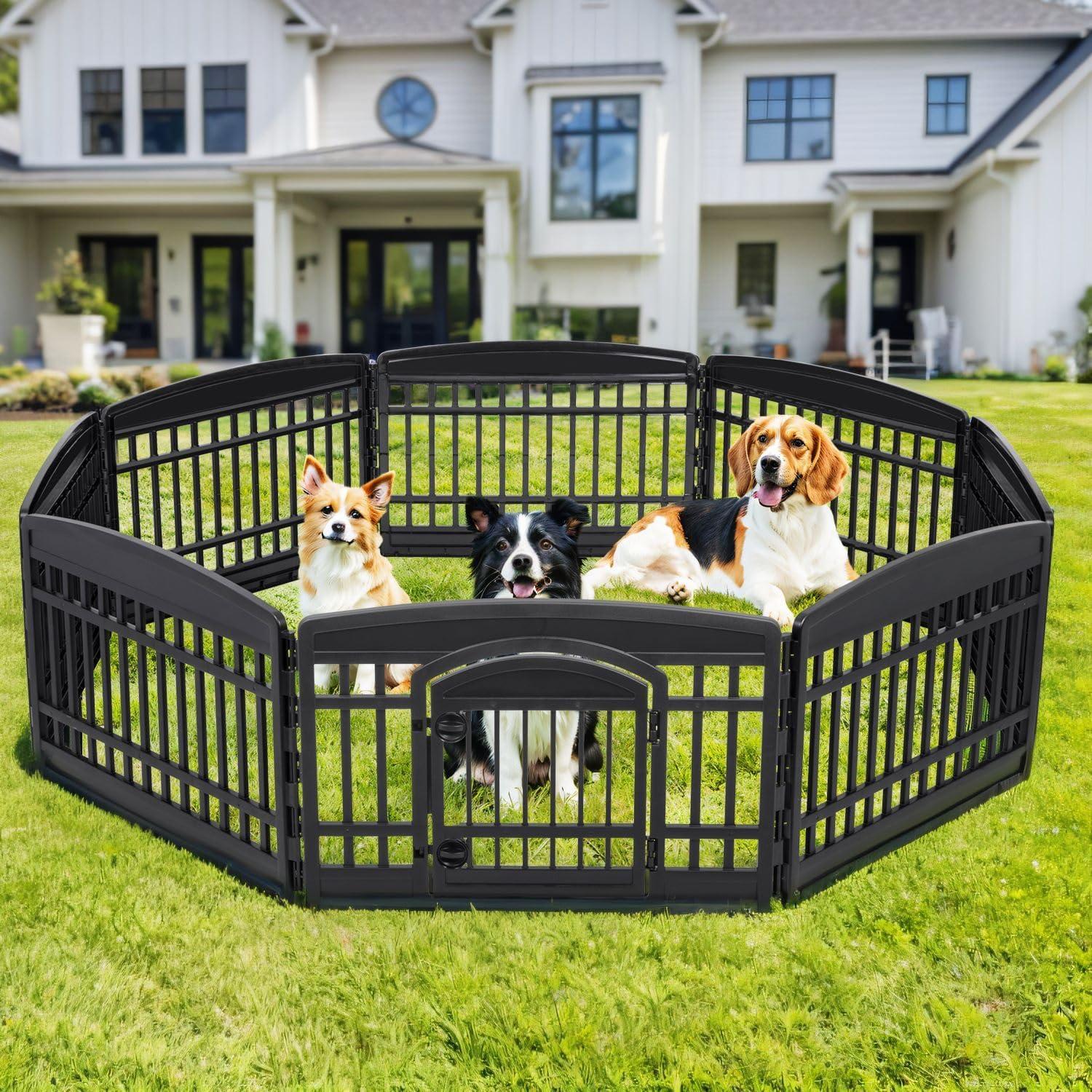 IRIS USA 24" Exercise 8-Panel Pet Playpen with Door, Dog Cat Playpen, Puppy Playpen, for Small and Medium Dogs, Keep Pets Secure, Easy Assemble, Fold It Down, Easy Storing, Customizable, Black