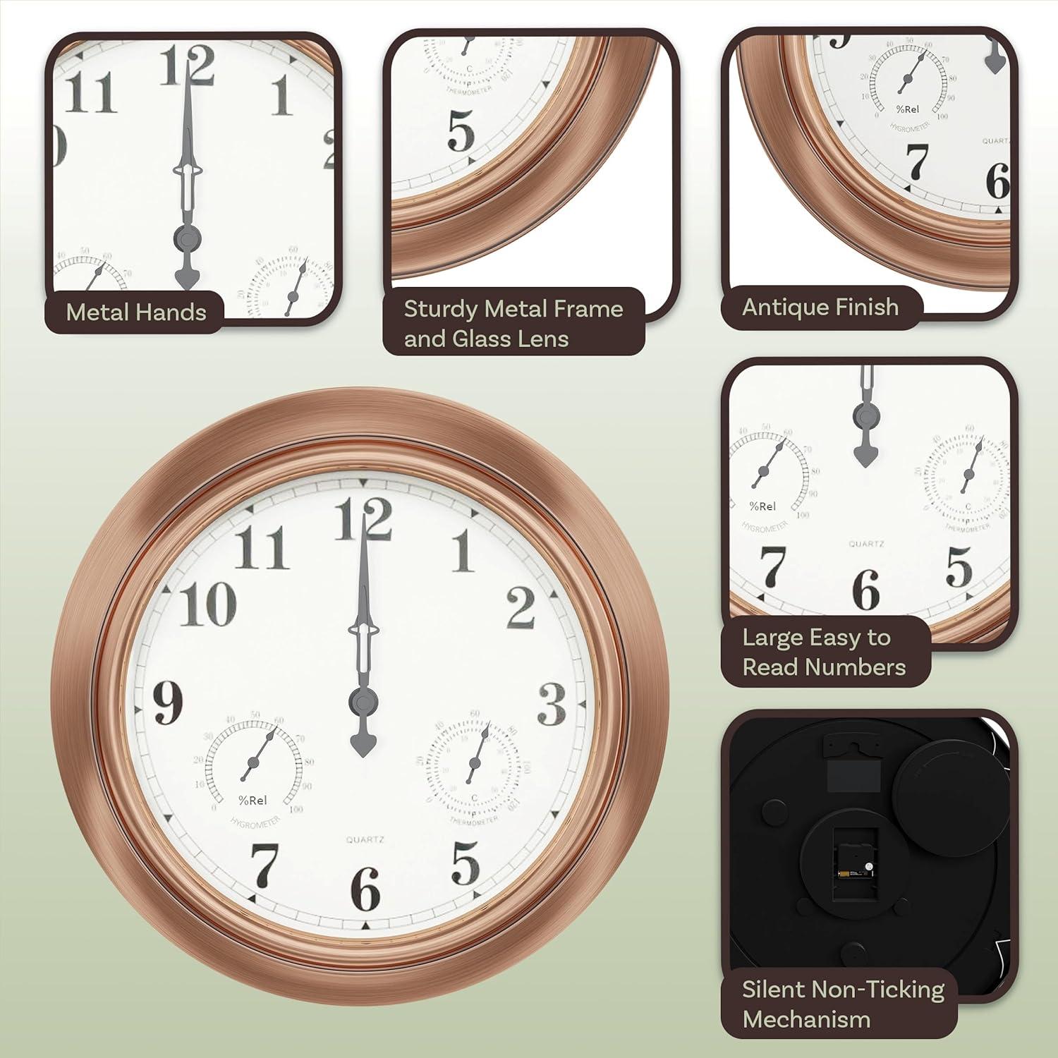 Pure Garden Indoor Outdoor Clock Thermometer Combo - 18-Inch Waterproof Outdoor Wall Clock with Temperature and Humidity by Pure Garden