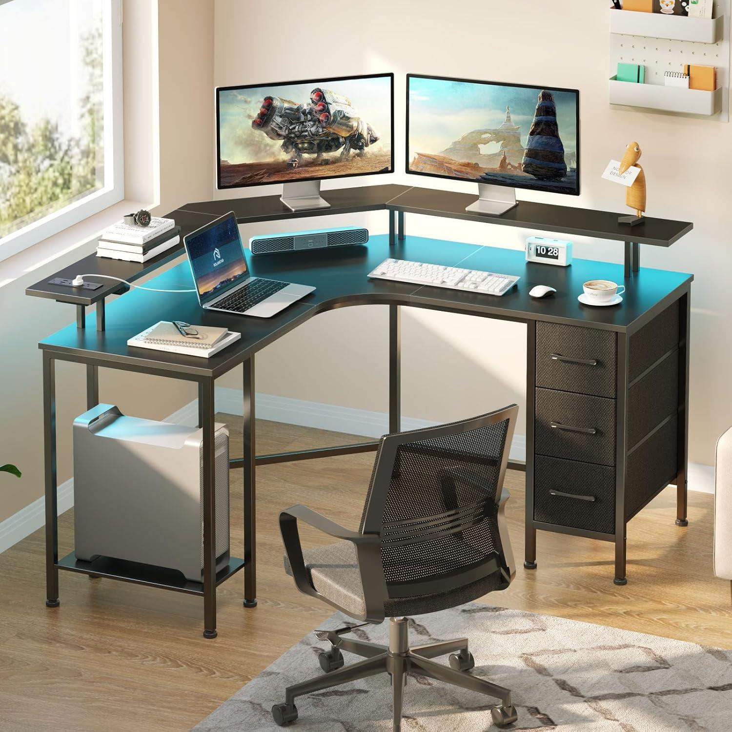 Black L-Shaped Gaming Desk with Drawers and LED Lights