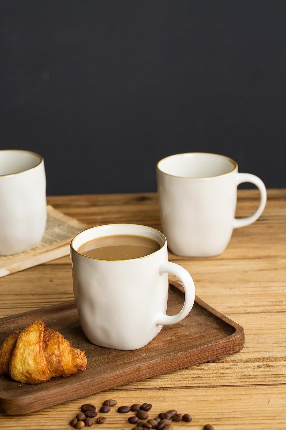 FAST APPLIANCES LLC Coffee Mugs Set Of 4, Ocean Square 13Oz Coffee Cup Set With Handle For Cocoa, Milk, Hot Chocolate, Tea, Water, Stoneware Cups For Kitchen, Microwave And Dishwasher Safe, Vanilla White