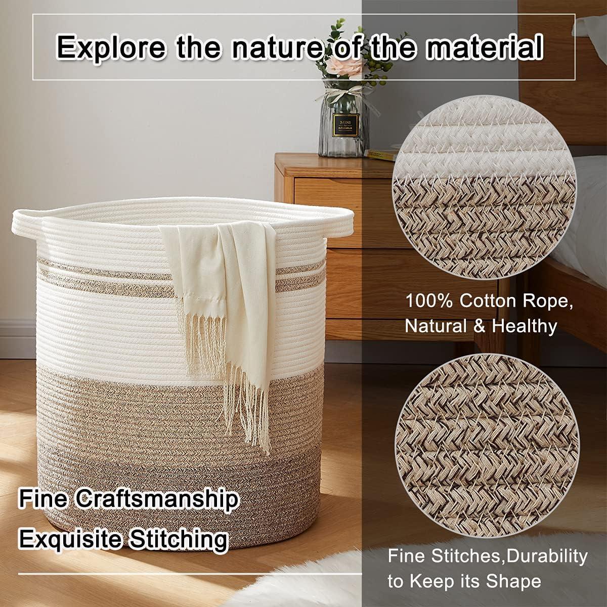 Large Beige and White Collapsible Woven Laundry Hamper