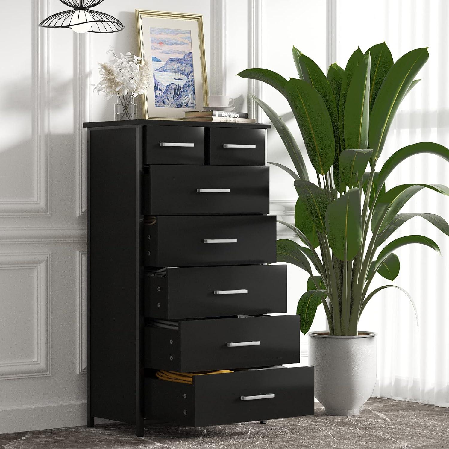 IKENO 7 Drawer Dresser, Industrial Wood Storage Dressers & Chests of Drawers with Sturdy Steel Frame, Storage Dresser for Bedroom Wood