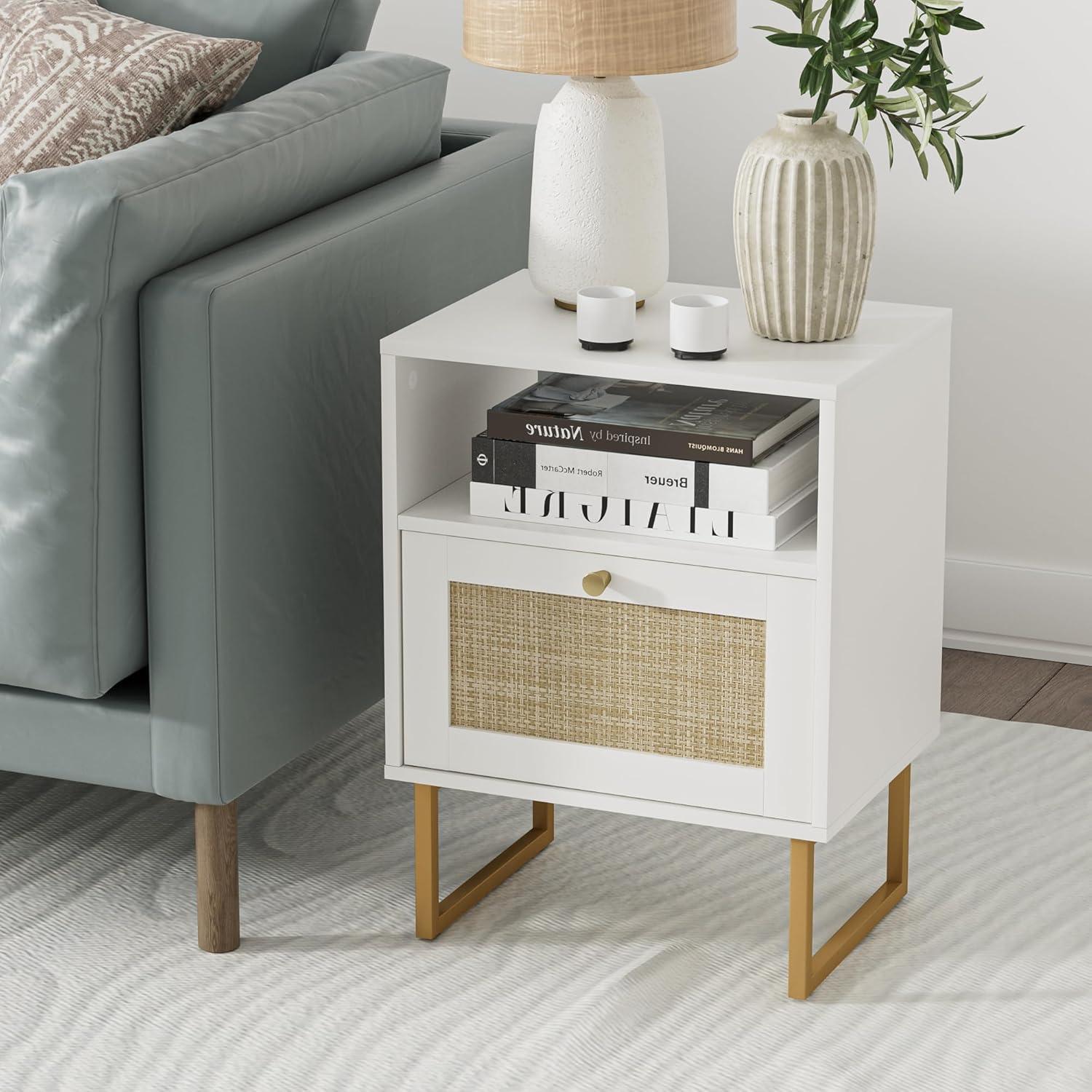 White and Gold Modern Rattan Nightstand with Drawer