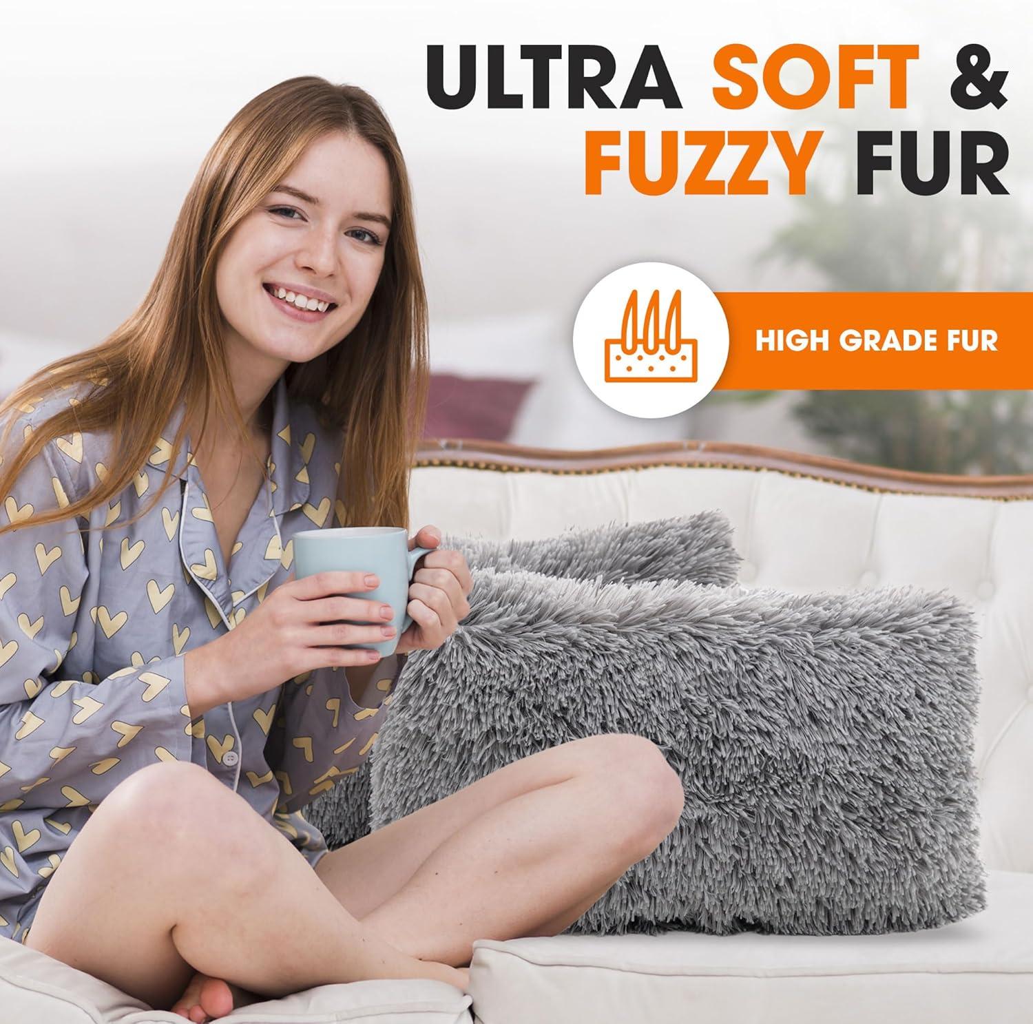 Cheer Collection Super Soft Shaggy Long Hair Throw Pillows Set of 2 - Silver (12" x 20")