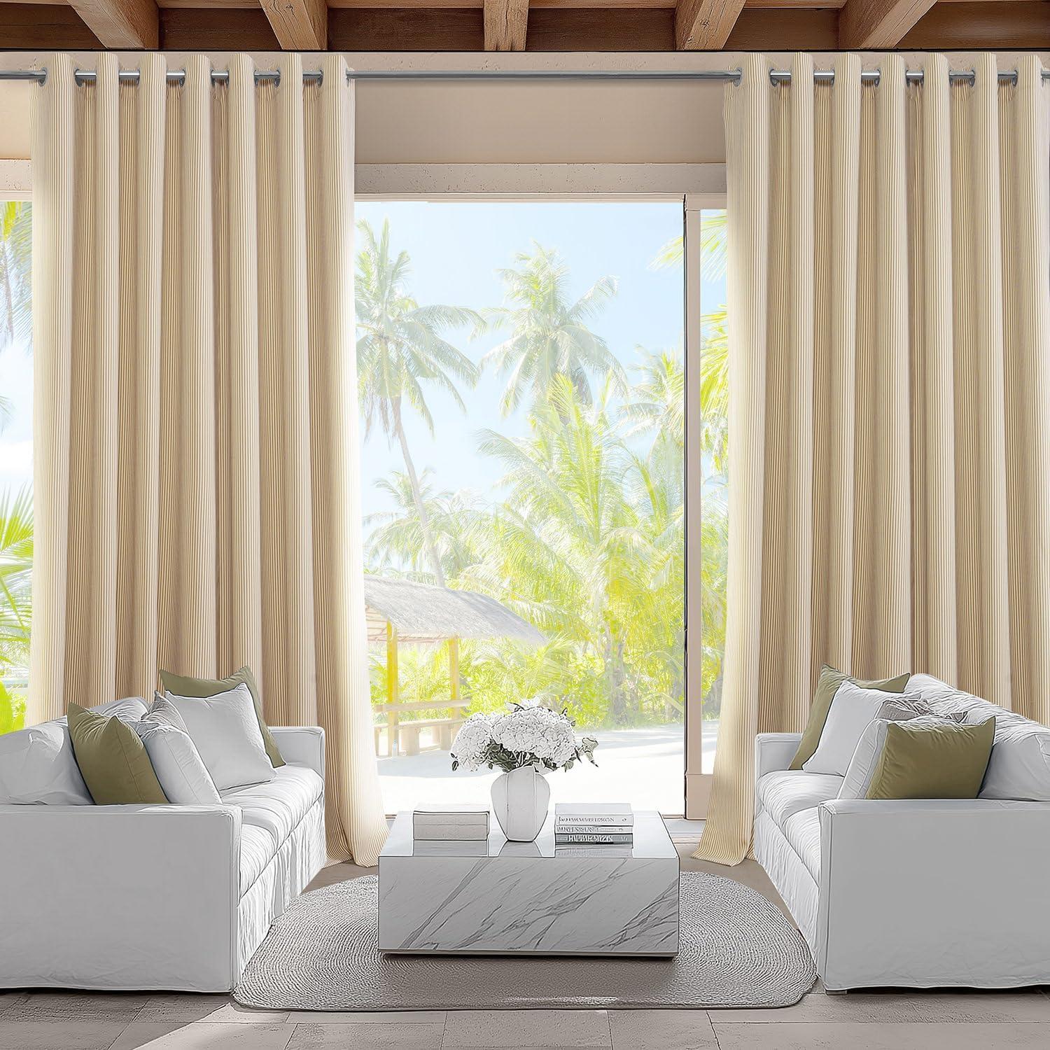 HPD Half Price Drapes Villanova Striped Grommet Outdoor Curtains for Patio (1 Panel) - UV & Water Resistant Light Filtering 200 GSM Polyester Curtains - 50W x 84L, Coastal Beige Thin Stripe