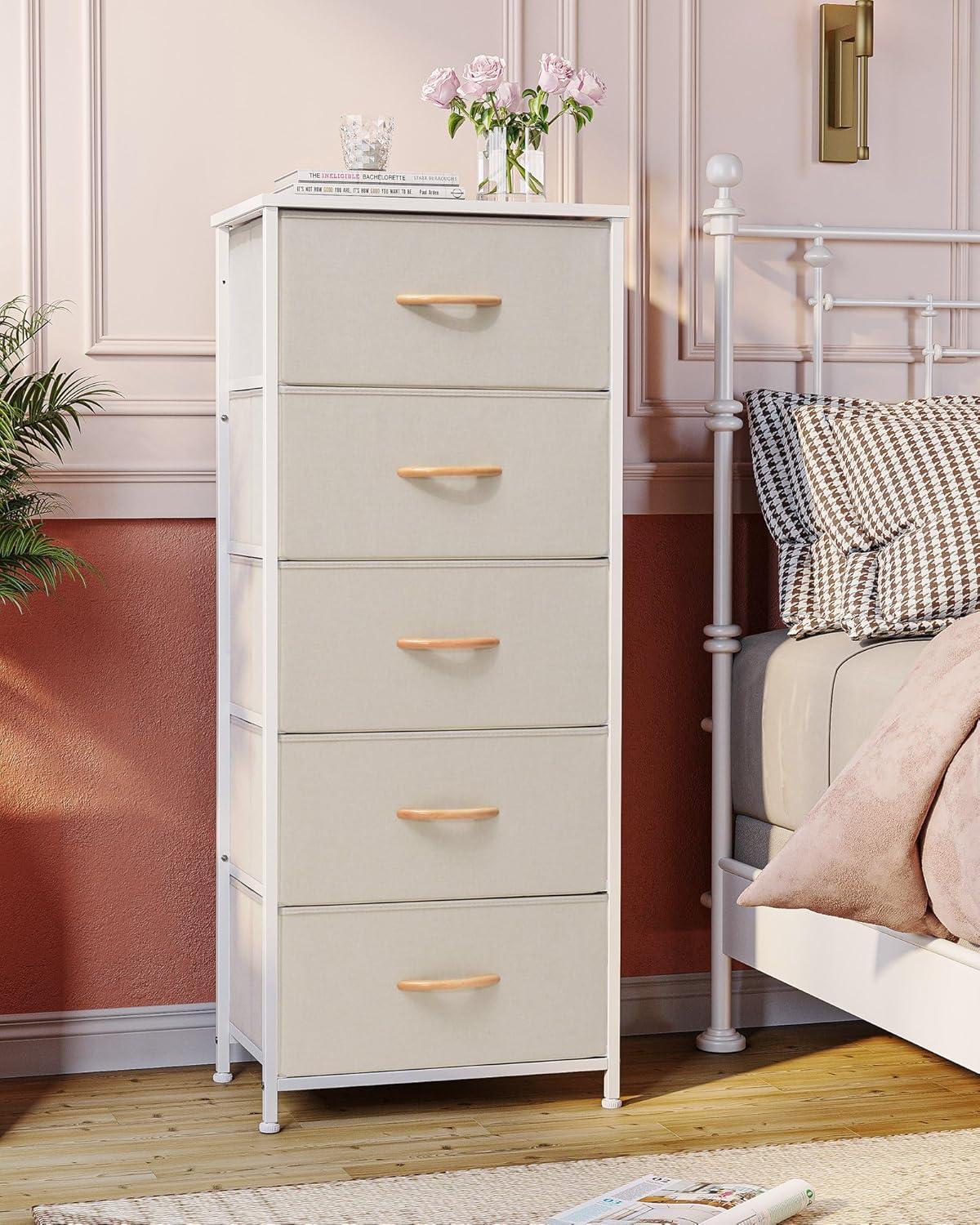 Beige Vertical 5-Drawer Fabric Dresser with Wood Handles