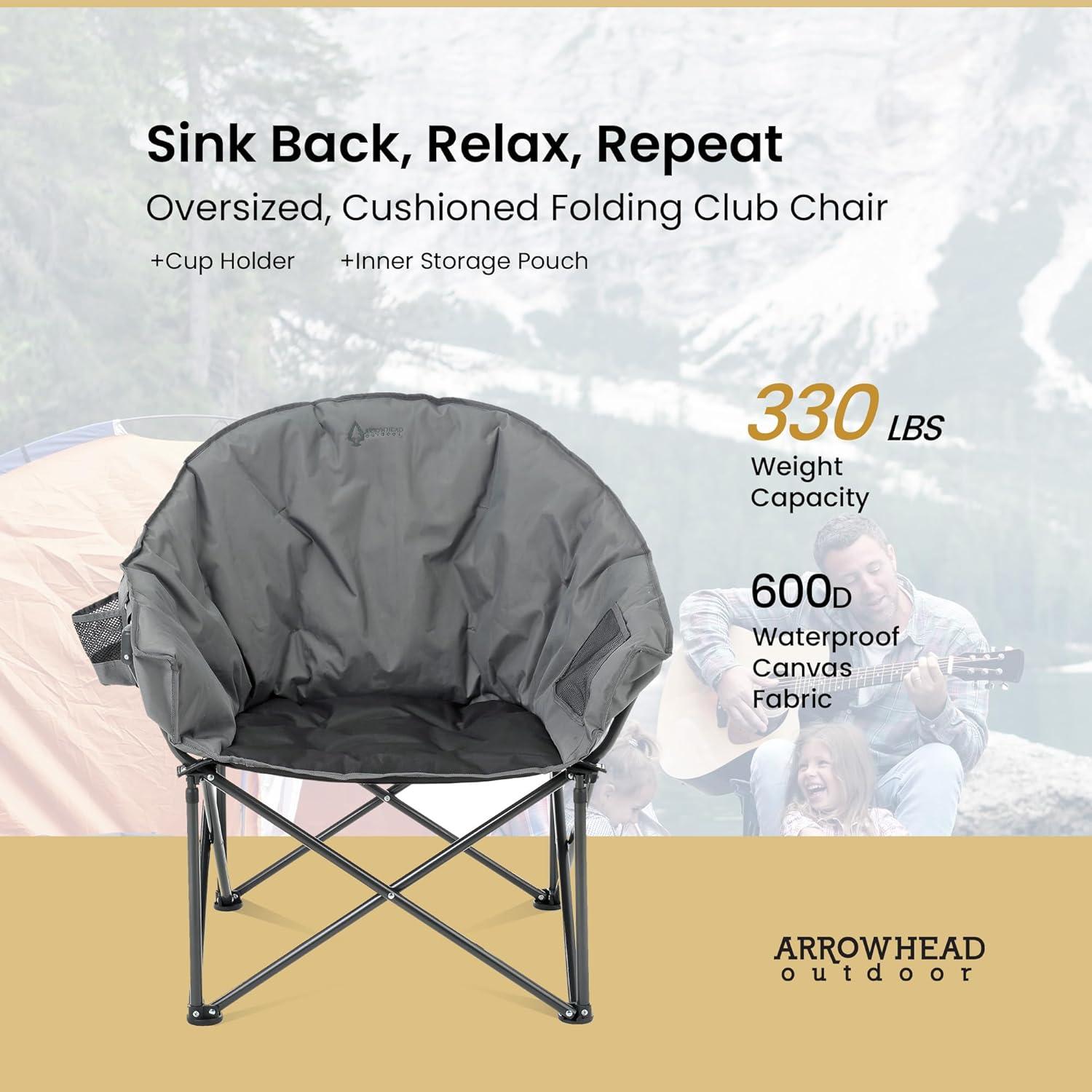 Arrowhead Outdoor Oversized Heavy-Duty Club Folding Camping Chair w/External Pocket, Cup Holder, Portable, Padded, Moon, Round, Bag (Granite Grey)