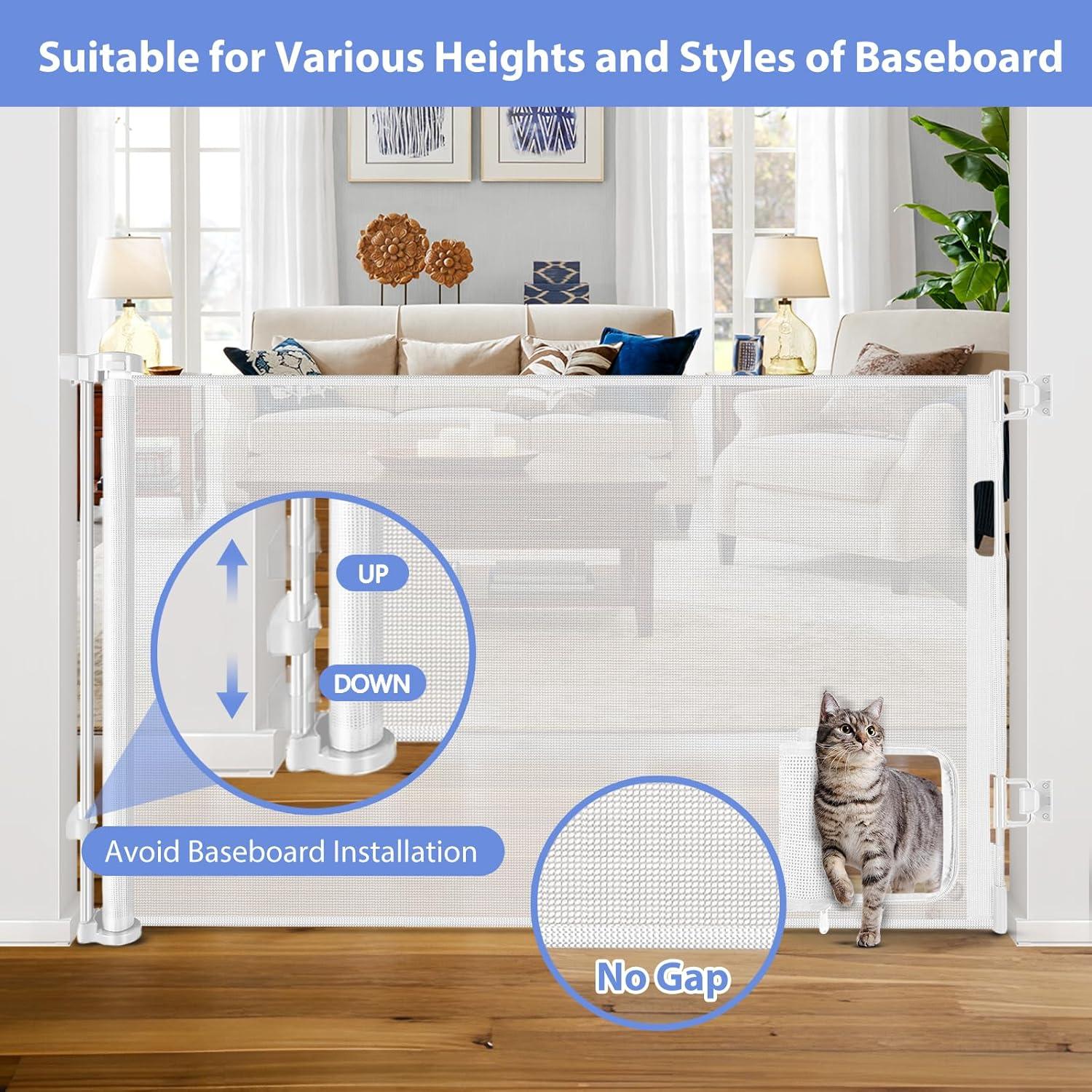 Retractable Baby Gate with Pet Door 55" Wide Retractable Dog Gate with Door Doorway Gate with Cat Door Child Gate with Cat Door Toddler Gate Outdoor Gates for Decks Mesh Baby Gate for Stairs Pet Gate