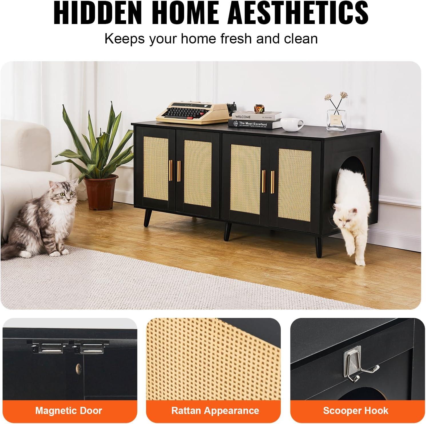 VEVOR Cat Litter Box Enclosure for 2 Cats, Litter Box Furniture Hidden with Rattan Decorated Doors, Wooden Cat Box Cabinet, Black
