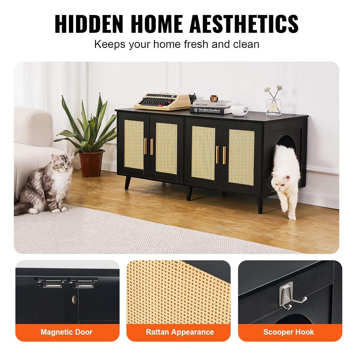 VEVOR Cat Litter Box Enclosure for 2 Cats, Litter Box Furniture Hidden with Rattan Decorated Doors, Wooden Cat Box Cabinet, Black