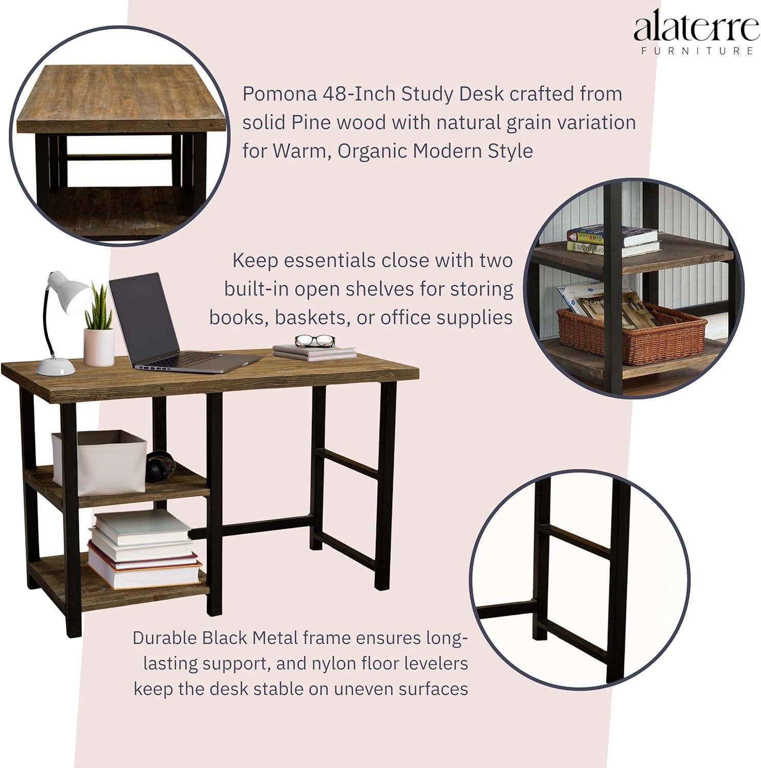 Pomona Writing Desk with Two Shelves Metal and Solid Wood Natural - Alaterre Furniture: Modern Style, Open Storage, Home Office