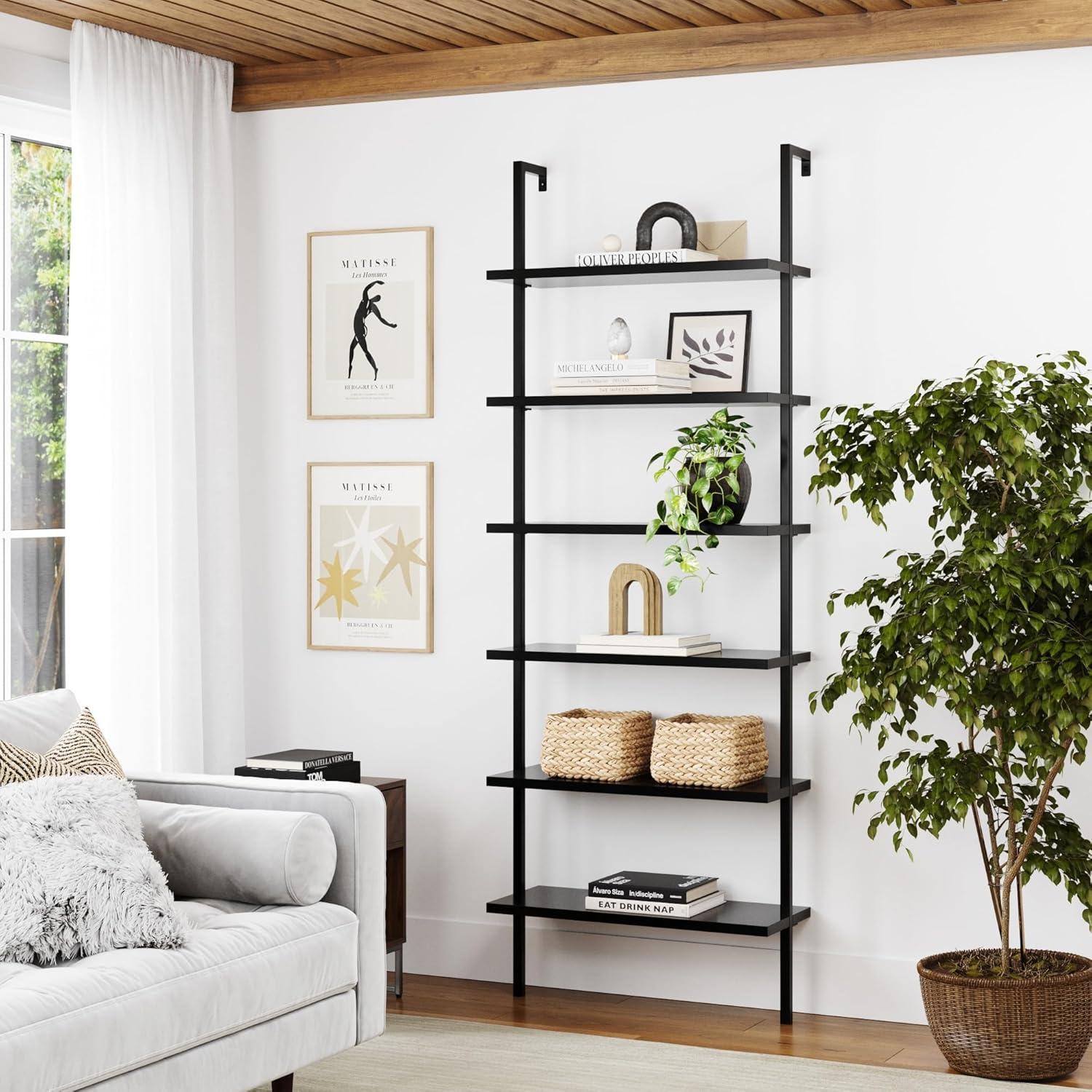 Nathan James 85" Theo 6 Shelves Wall Mounted Bookcase Matte Black: Sleek Design, Home Office Storage