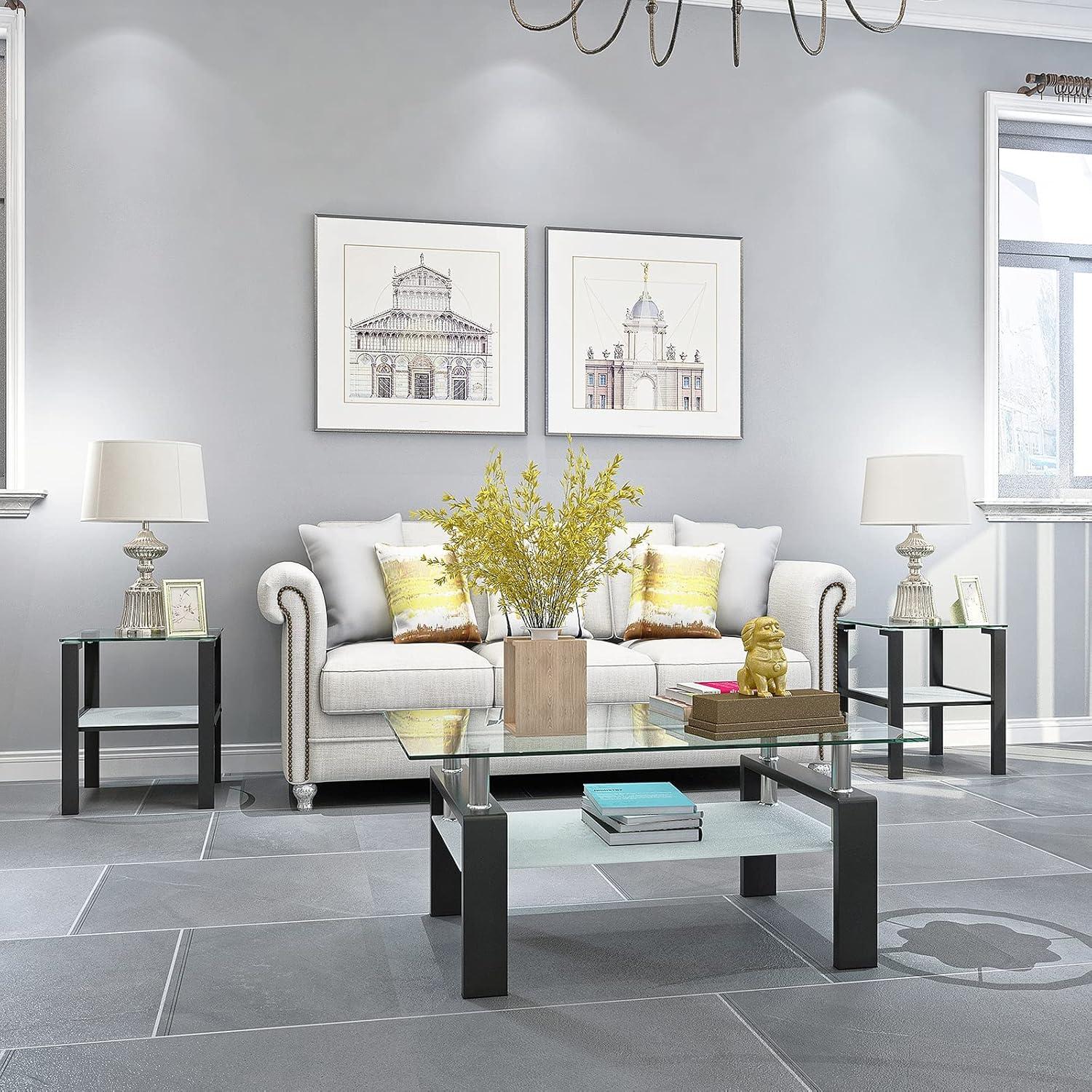 Glass Coffee Table Set of 3 Piece, Living Room Table Set of 3, Black Coffee Table and End Coffee Table Sets, Metal Frame (Black C, Set of 3)