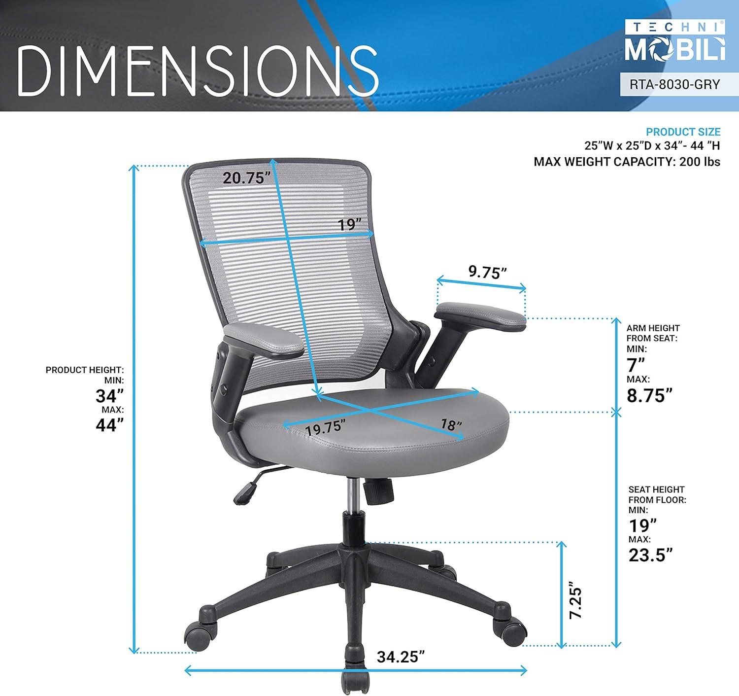 Techni Mobili Mid-Back Mesh Task Office Chair with Height Adjustable Arms, Grey