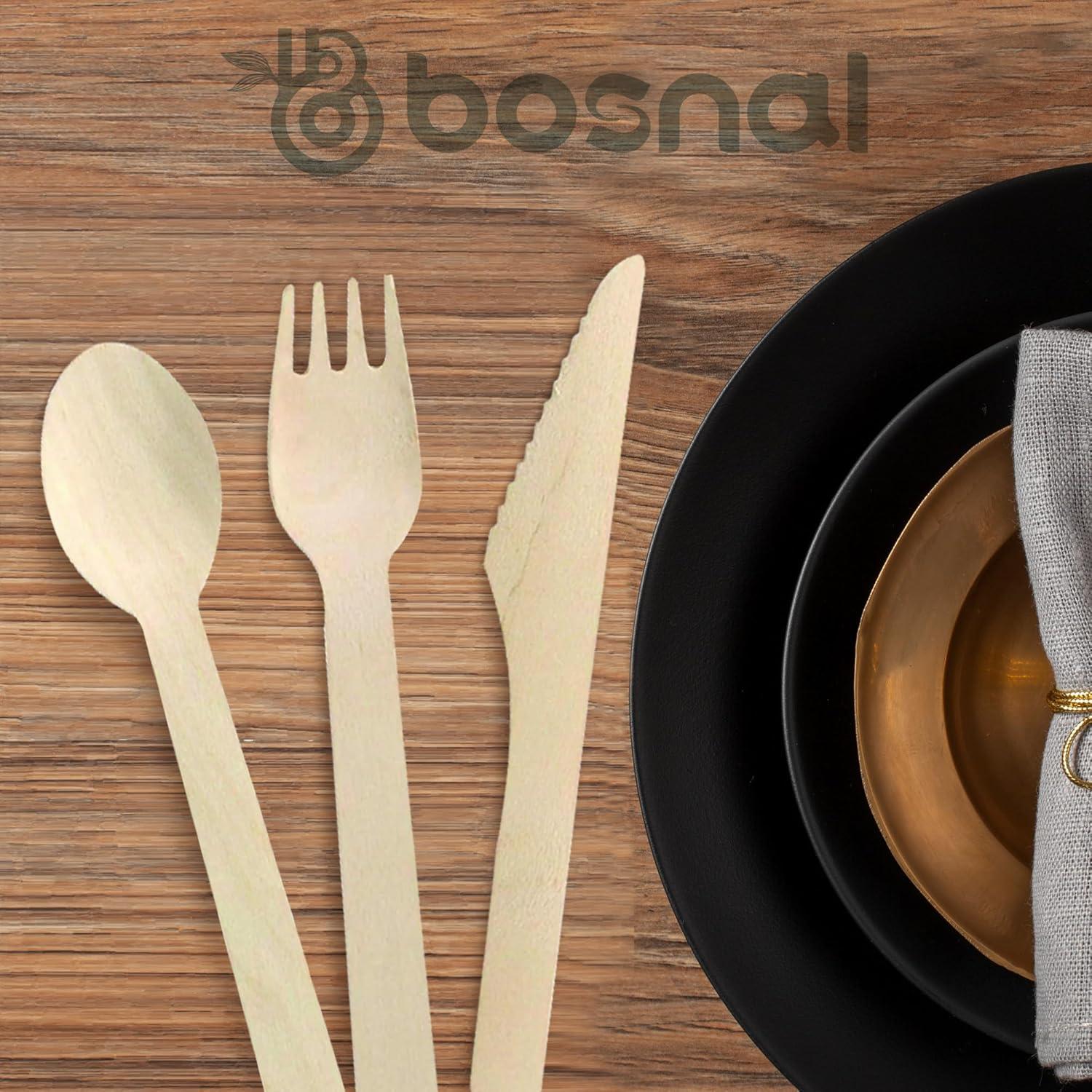 Bosnal Wooden Disposable Forks Knives and Spoons Cutlery Set, 100 Pcs