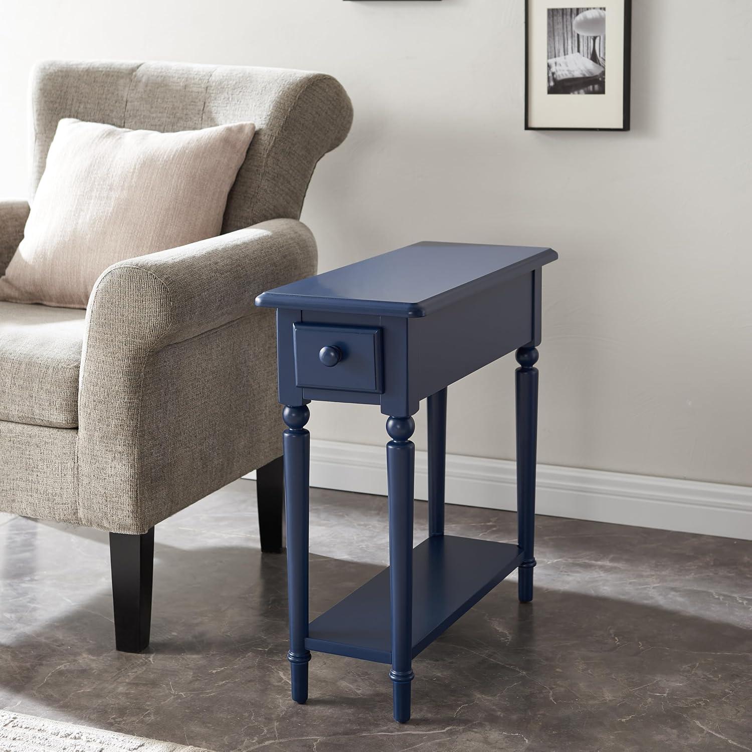 Leick Home 1-Drawer Solid Wood Coastal 10 in. Narrow End Table with Shelf, Navy Blue