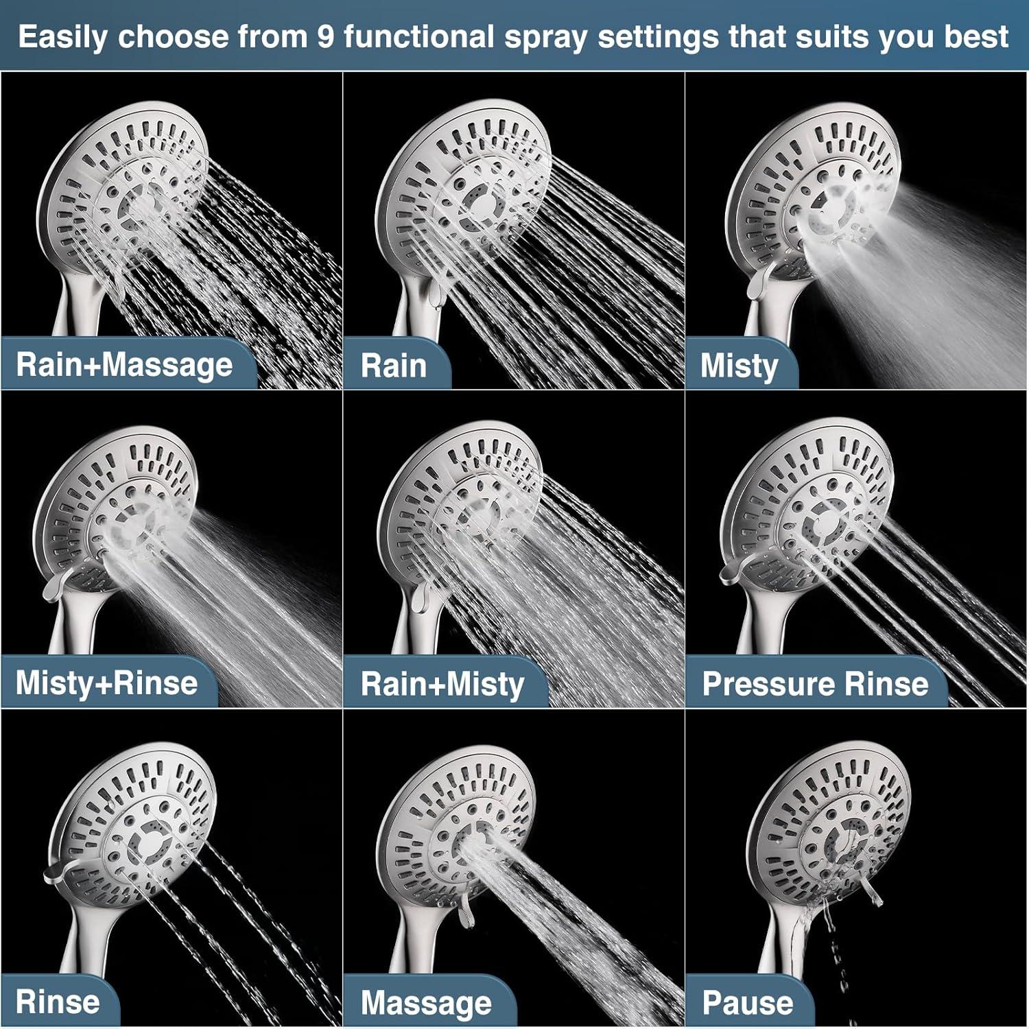 BRIGHT SHOWERS 9 Spray Settings Shower Head with Handheld High Pressure Brushed Nickel Hand Held Showerhead with 60 Inch Stainless Steel Hose and Adjustable Overhead Bracket