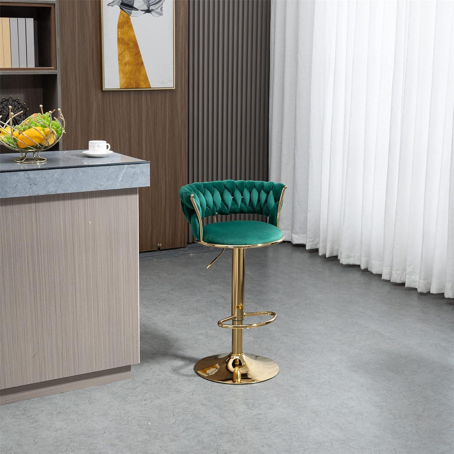 Emerald Green Velvet Adjustable Swivel Bar Stools with Gold Base, Set of 2