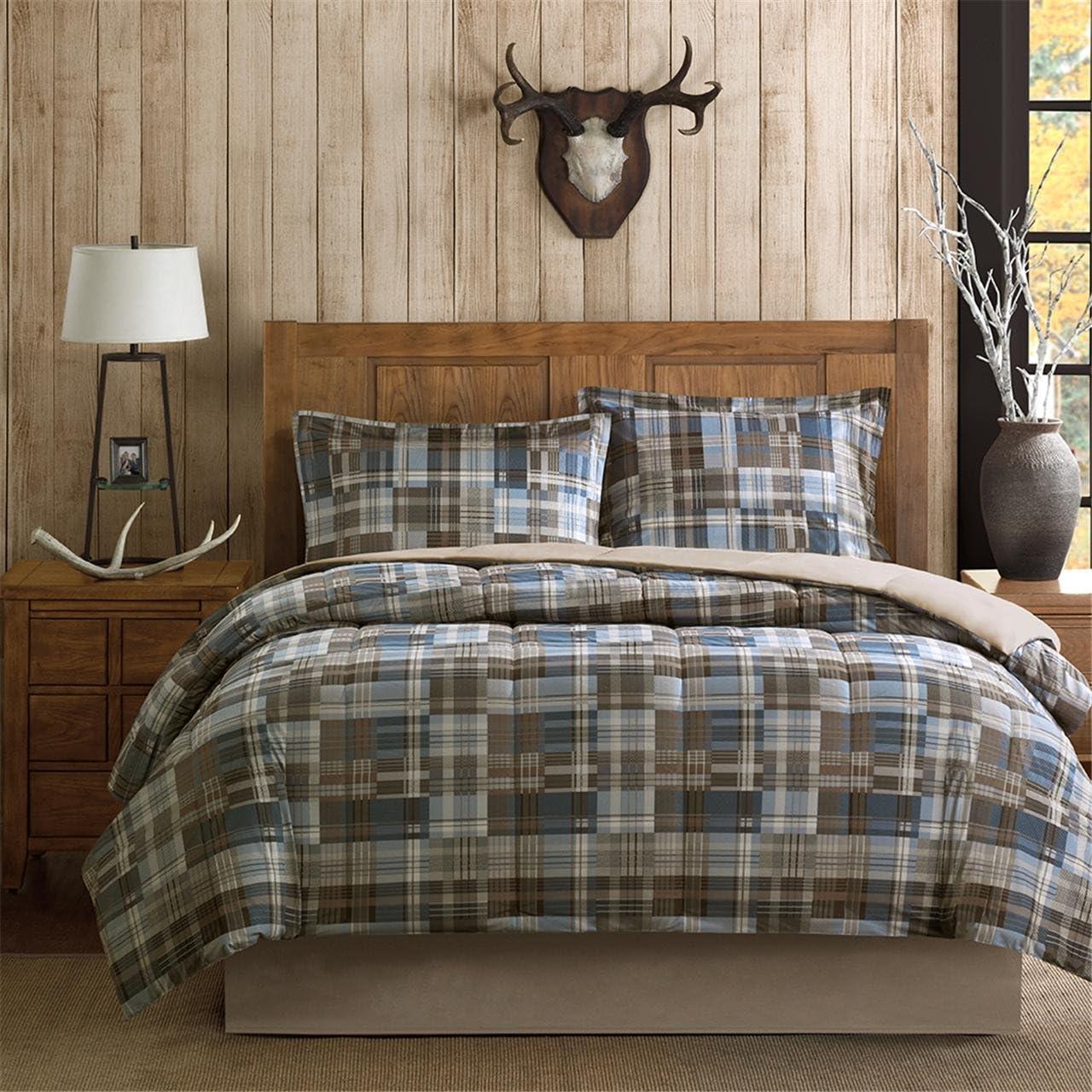 Twin Brown Plaid Down Alternative Microfiber Comforter Set