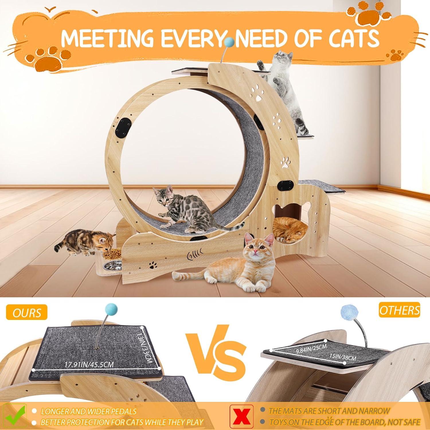 CuisinSmart Cat Running Wheel Nature Wood Kitty Large Wooden Running Wheel Pet Toy Cats Loss Weight Device Cat Rotating Wheel 4 in 1 Ultra Quiet Large Cat Wheel Exercise Treadmill