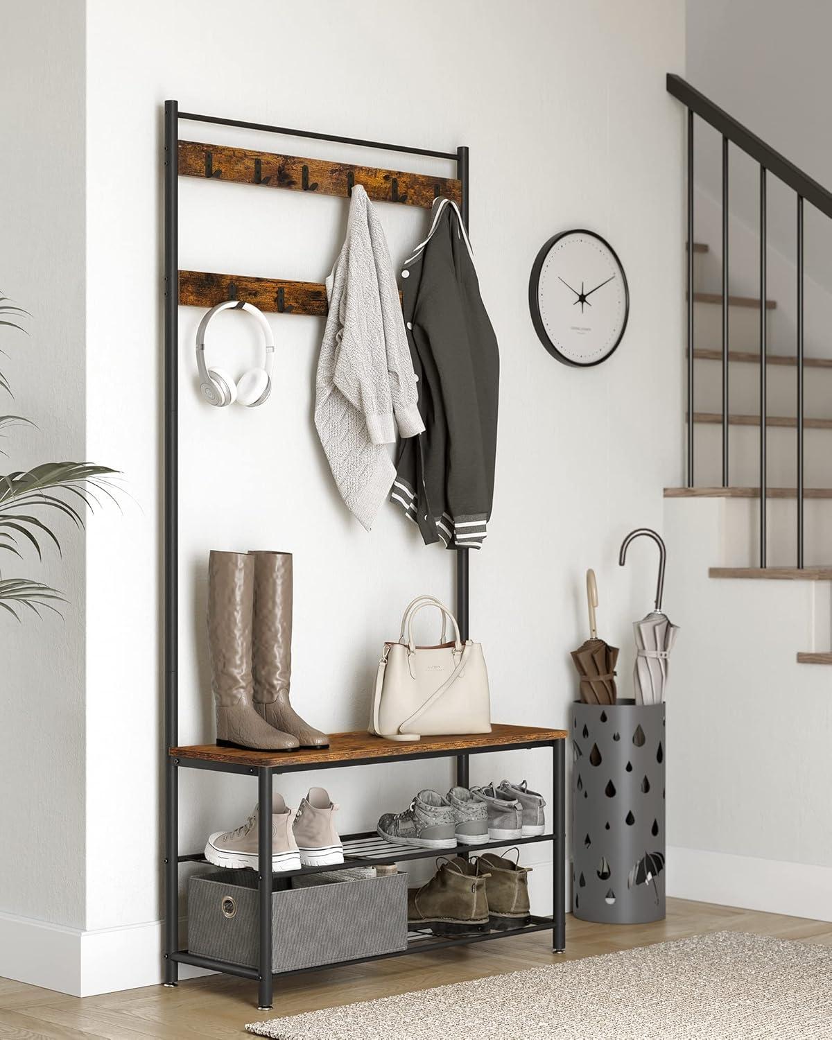 Rustic Brown and Black Hall Tree with Storage Bench