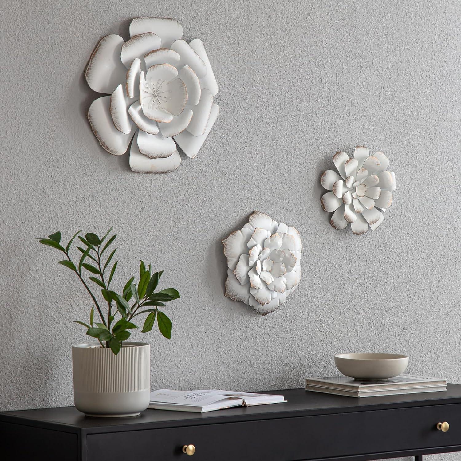 Lani White and Gold Metal Flower Wall Art Set of 3