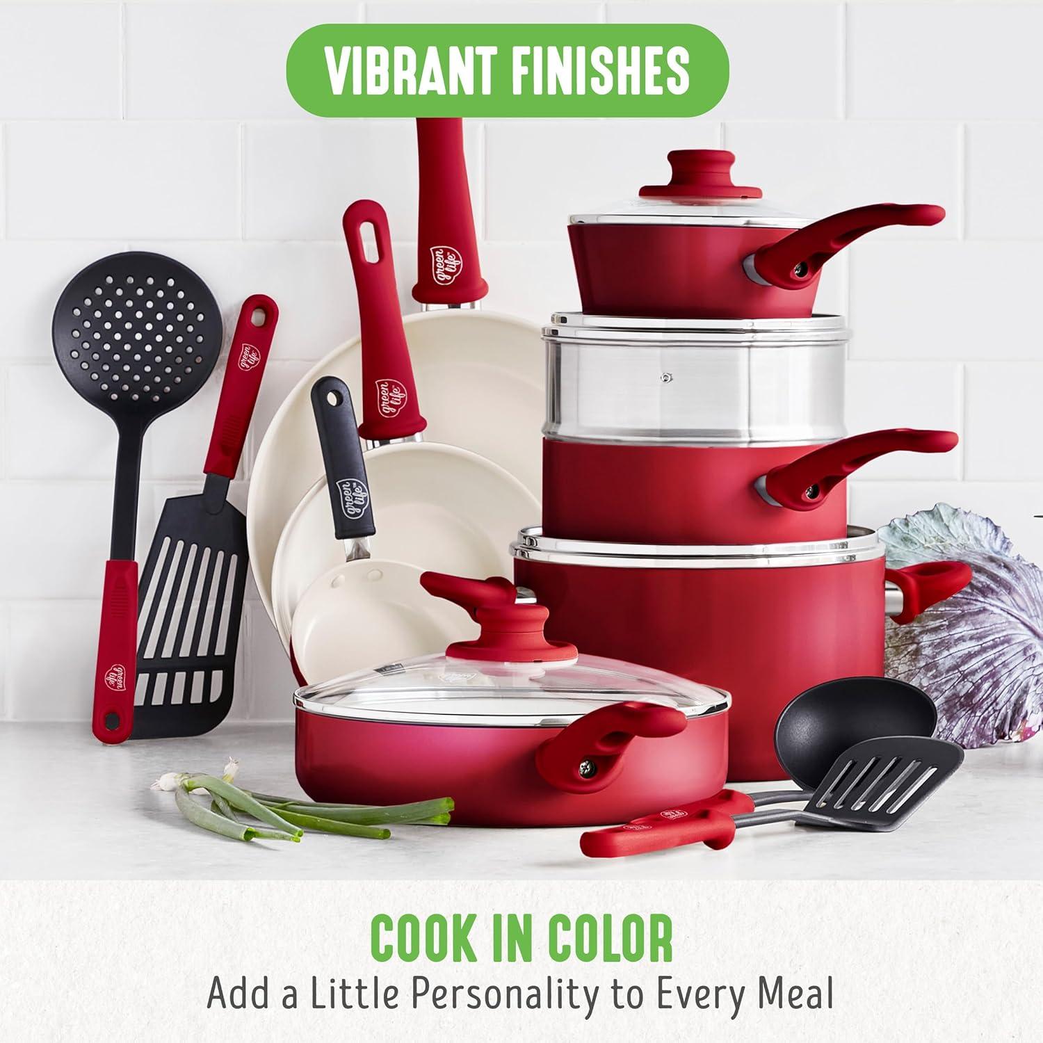 GreenLife Soft Grip 16 Piece Cookware Set, Non-Toxic PFAS-Free Ceramic Nonstick, Frying, Sauce, Saute, Utensils, Glass Lids, Stay-Cool Handles, Wobble Free, Dishwasher & Oven Safe, Red