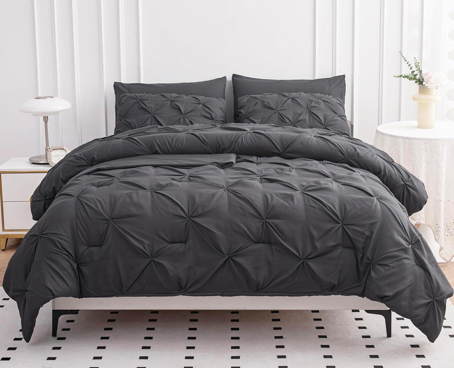 King Size Comforter Set - Bedding Set King 7 Pieces, Pintuck Bed in a Bag Grey Bed Set with Comforter, Sheets, Pillowcases & Shams