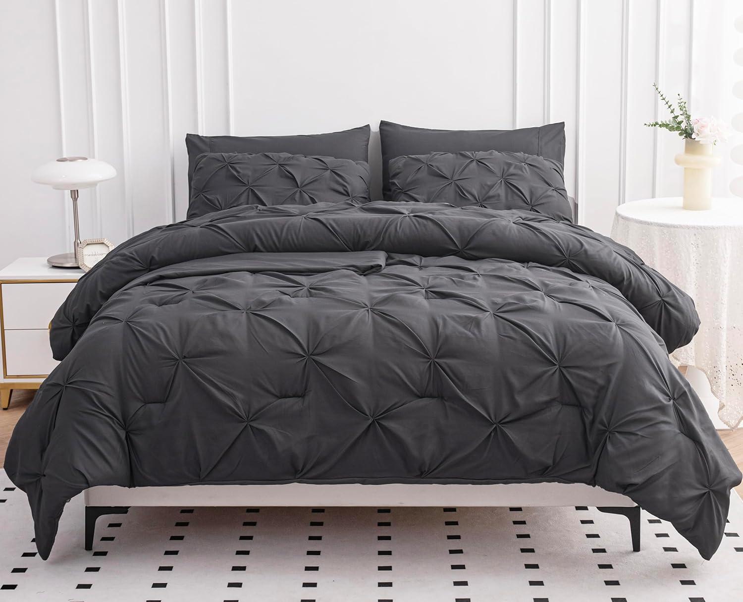 King Size Comforter Set - Bedding Set King 7 Pieces, Pintuck Bed in a Bag Grey Bed Set with Comforter, Sheets, Pillowcases & Shams