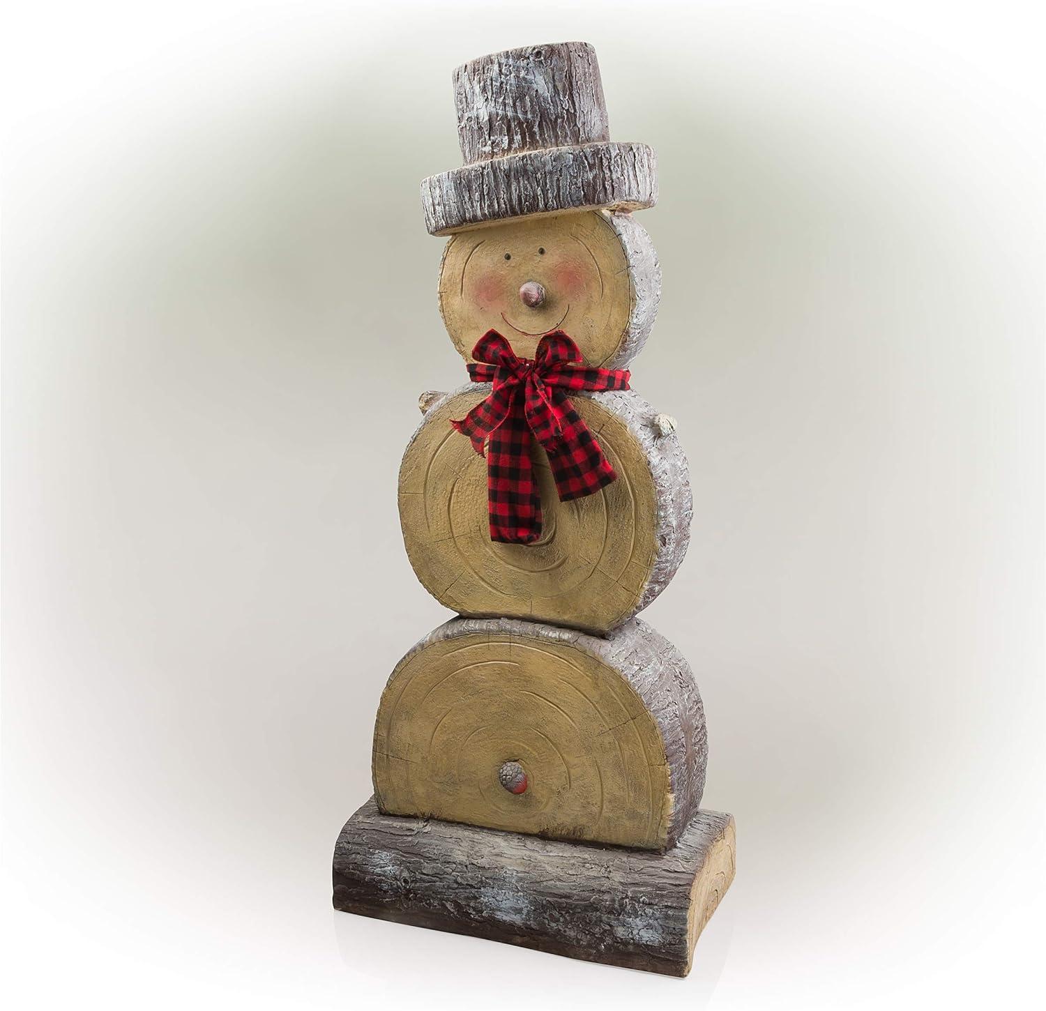 Alpine Corporation 16" x 9" x 38" Wooden Snowman Holiday Statue, Brown/Tan
