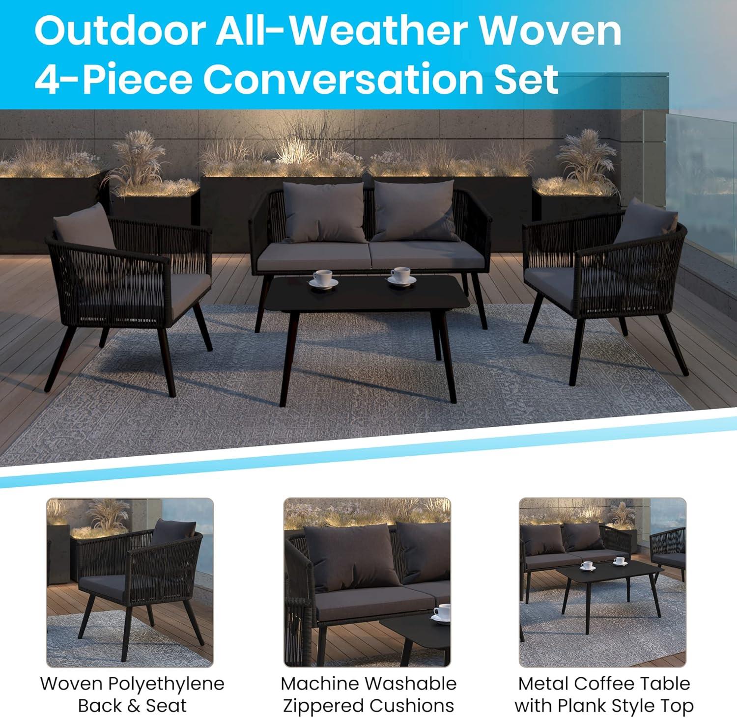 Flash Furniture Kierra Black All-Weather 4-Piece Woven Conversation Set with Gray Zippered Removable Cushions & Metal Coffee Table