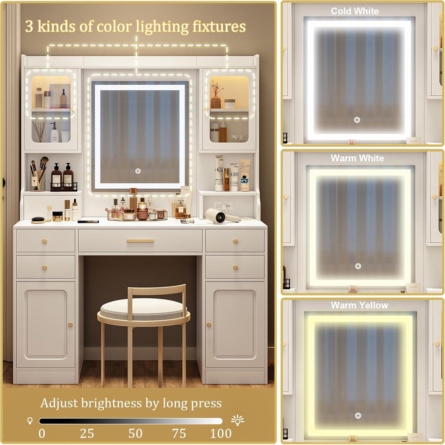 MONTARY Makeup Vanity Desk with Mirror and Lights, Dressing Table , White Vanity Table Set with 6 Drawers & Shelves & 4 Cabinets, 3 LED Lighting Modes Brightness Adjustable