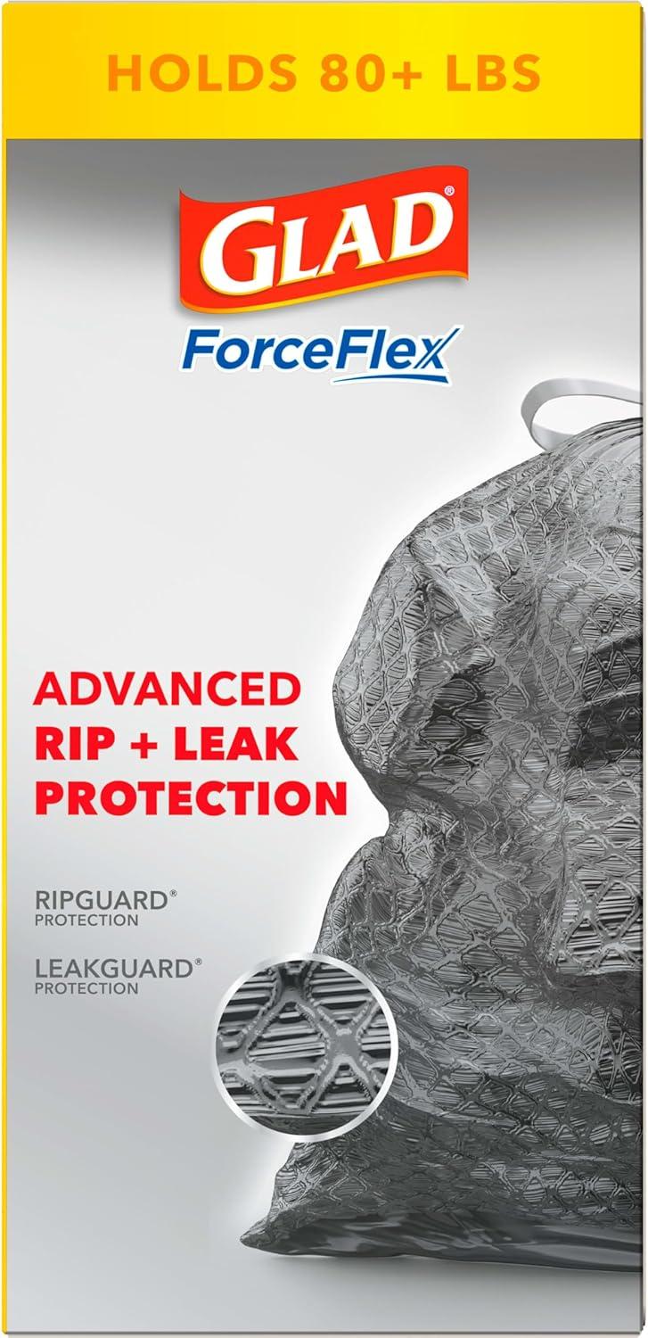 Glad Large Drawstring Trash Bags, Forceflex 30 Gallon Black Trash Bags, 25 Count
