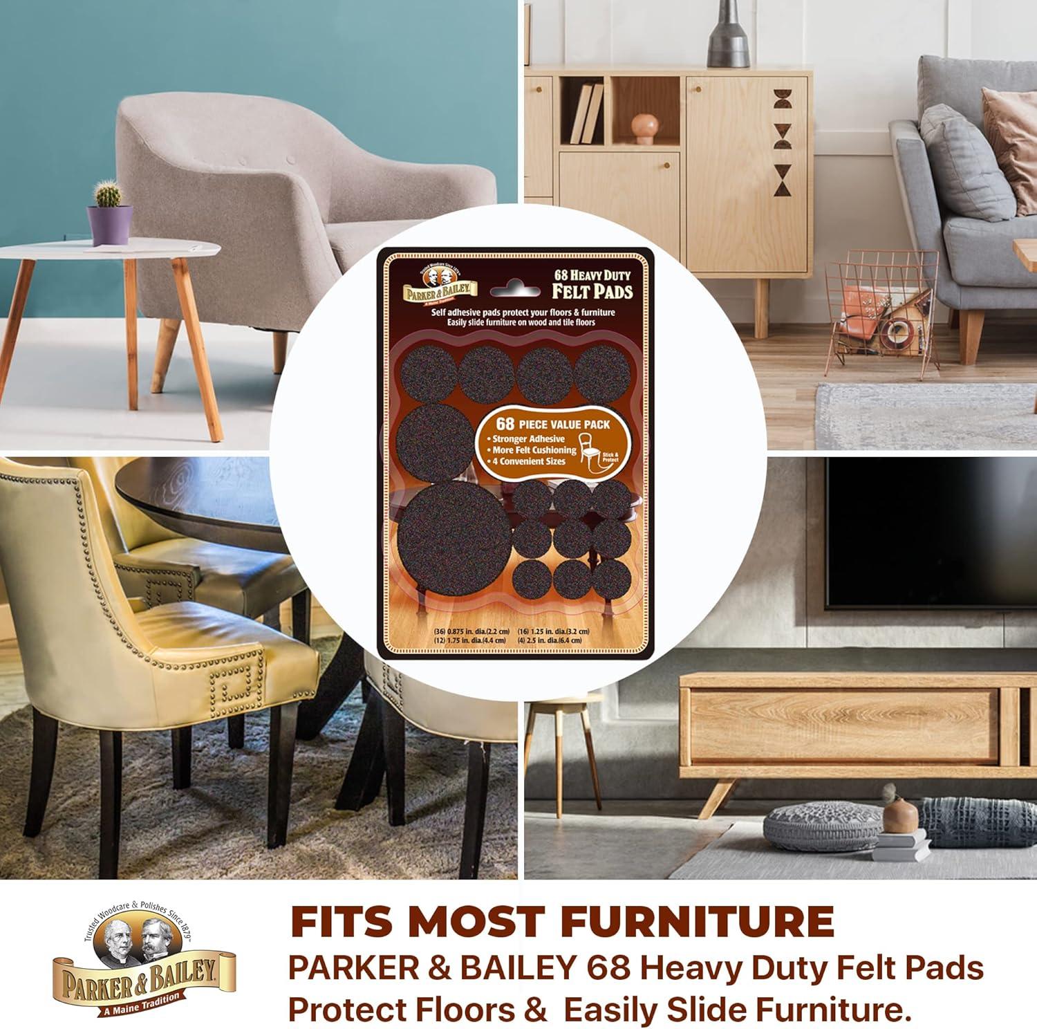 PARKER & BAILEY Felt Pads - 68 Heavy Duty Felt Sliders/Bumpers to Protect Floors & Furniture. Easily Slide Furniture on Hardwood Floors, Laminate Wood or Protect Furniture Feet, Assorted Sizes
