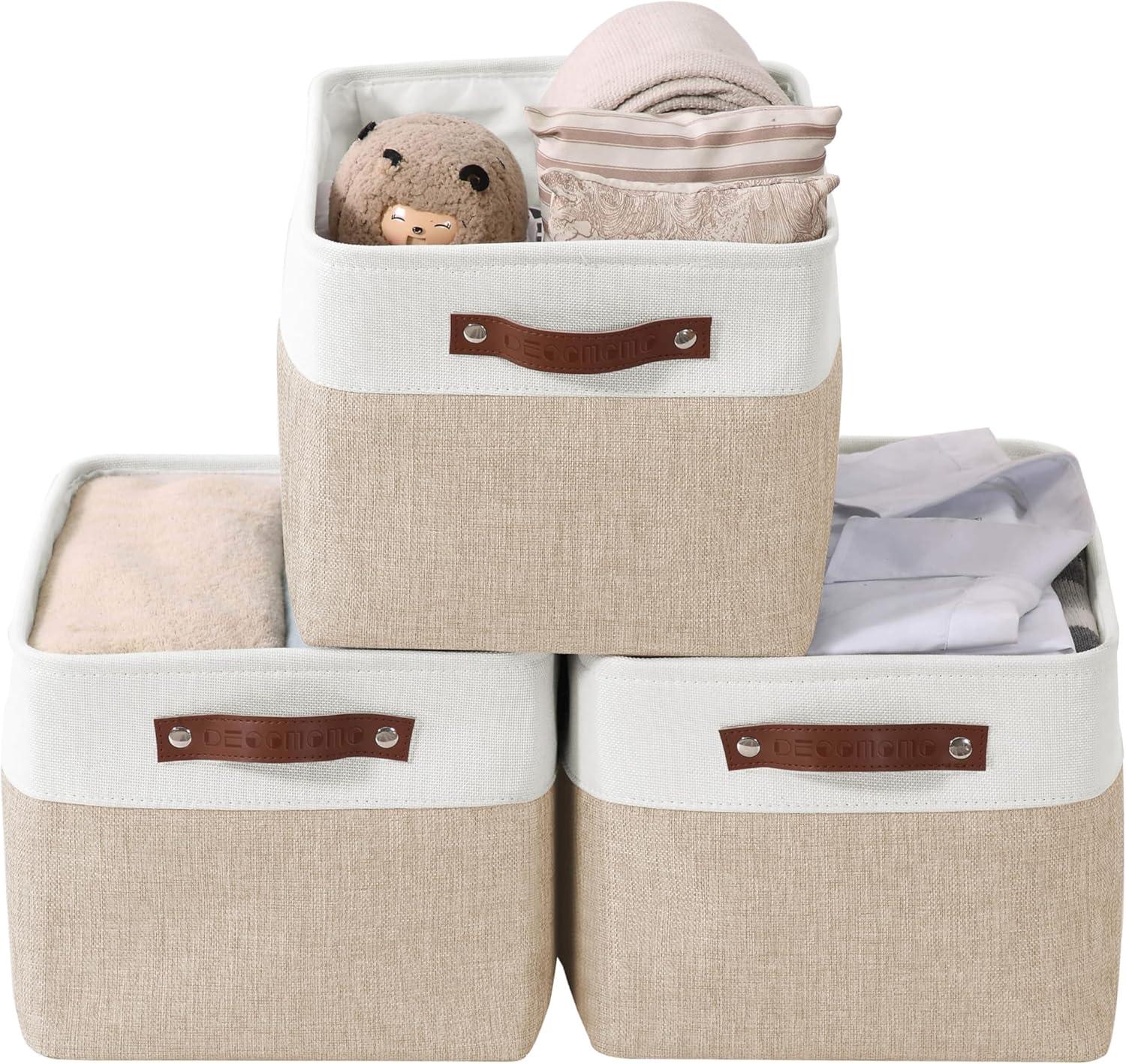 Beige and White Rectangular Fabric Storage Bins with Handles