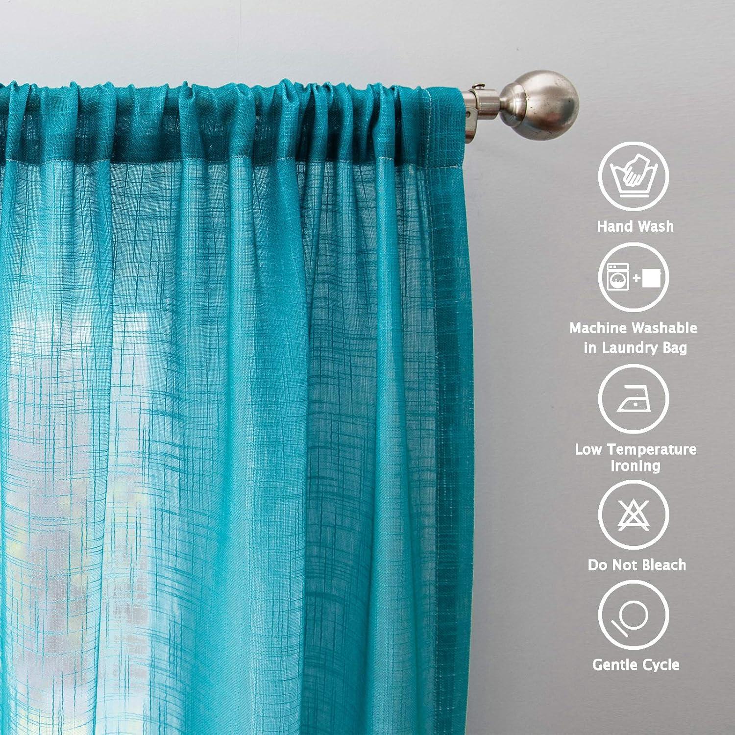 Melodieux Linen Textured Ombre Semi Sheer Curtains for Bedroom Living Room Kids Nursery Sunset Rod Pocket Gradient Drapes, Orange Green Teal Turquoise Mint, 52 x 63 Inch (2 Panels)