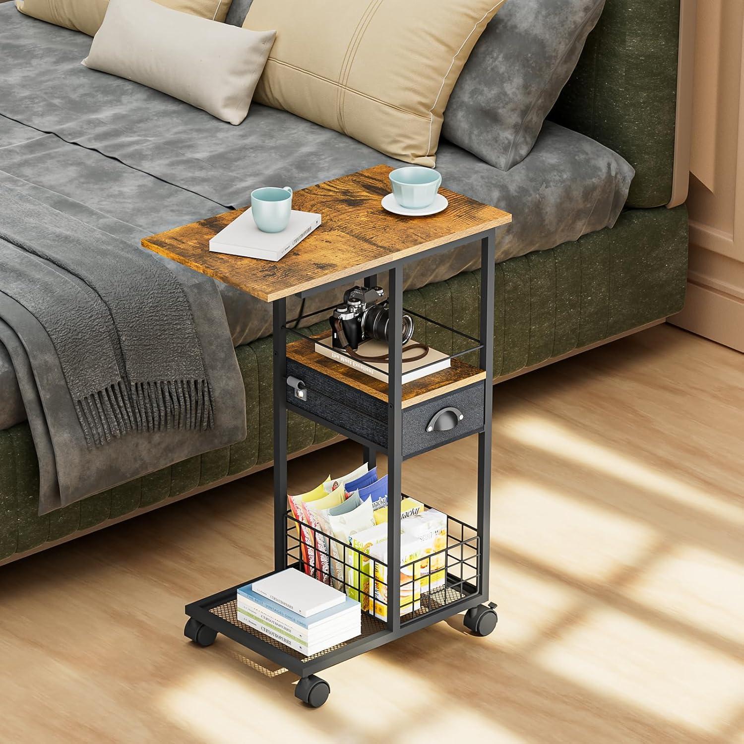 C Shaped Sofa Side Table: Couch End Table with Drawer - Bedside Table with Wheels - 19.7''L x 11.8''W x 28''H - C Mobile Tables with Storage Basket for Living Room Bedroom
