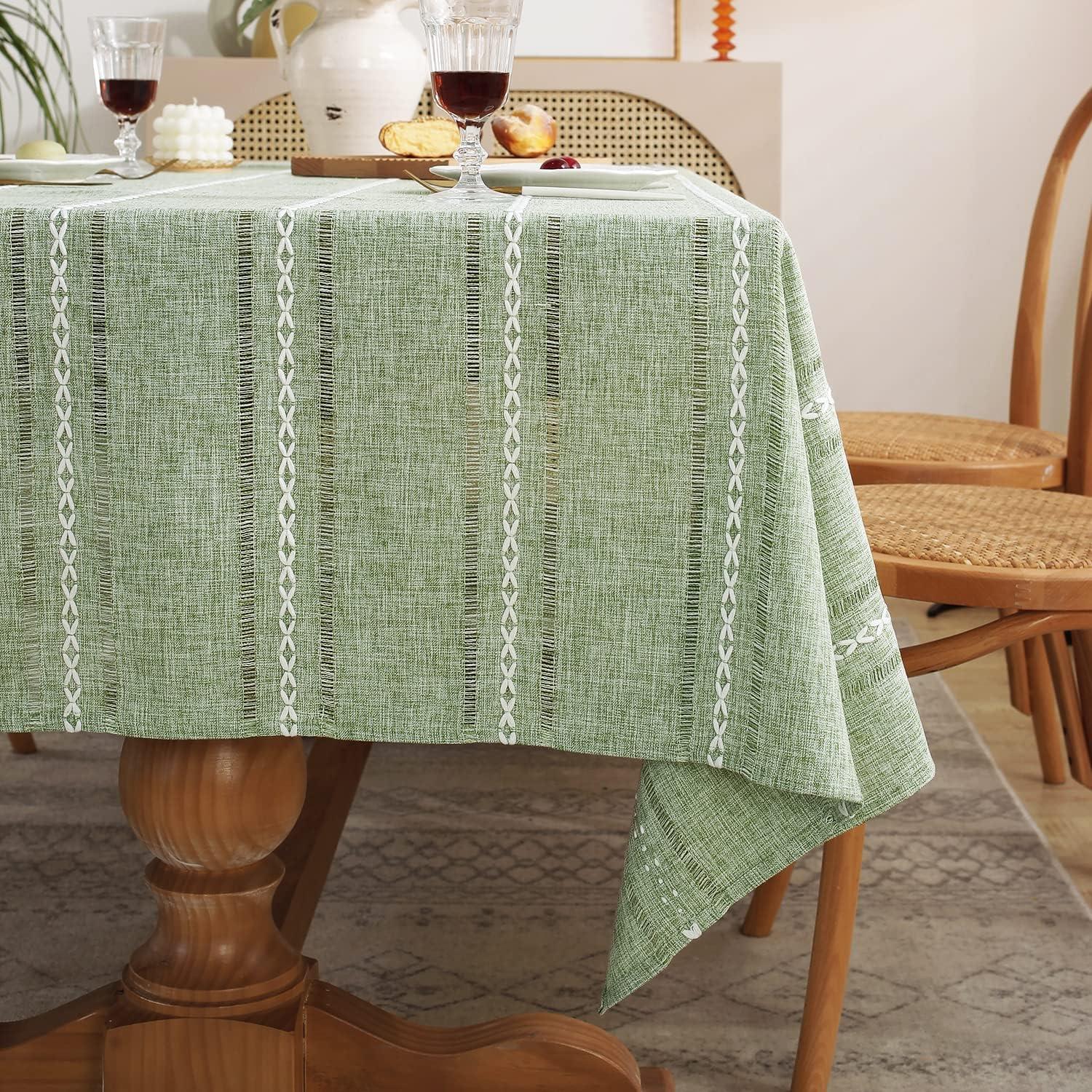 Sage Green Embroidered Cotton Linen Rectangular Tablecloth